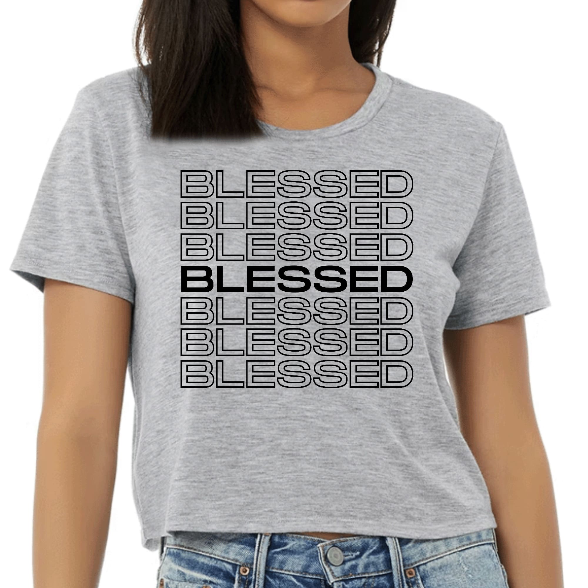 Womens Cropped Graphic T-shirt in black featuring a Stacked Blessed Print, showcasing a stylish and inspirational design.