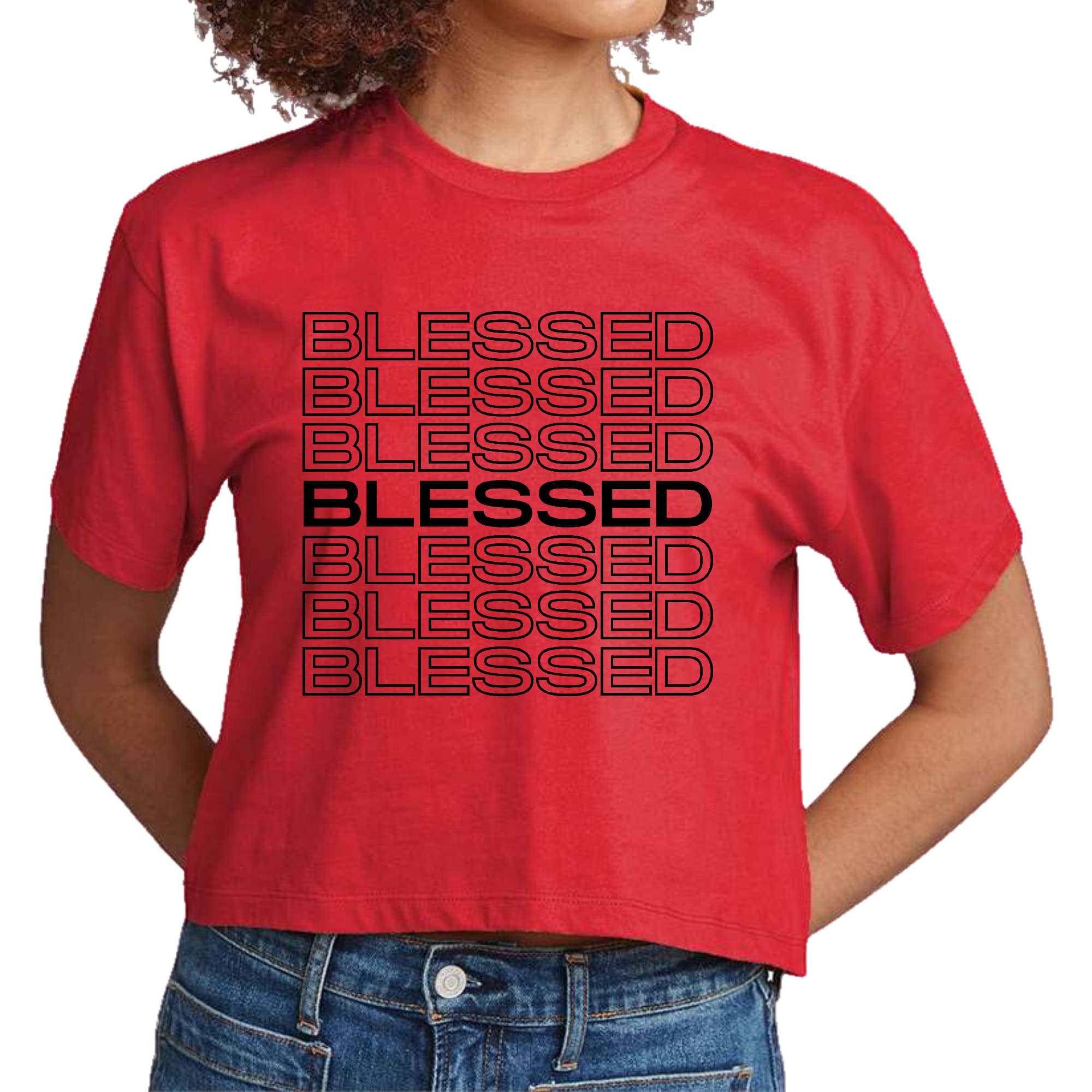 Womens Cropped Graphic T-shirt in black featuring a Stacked Blessed Print, showcasing a stylish and inspirational design.