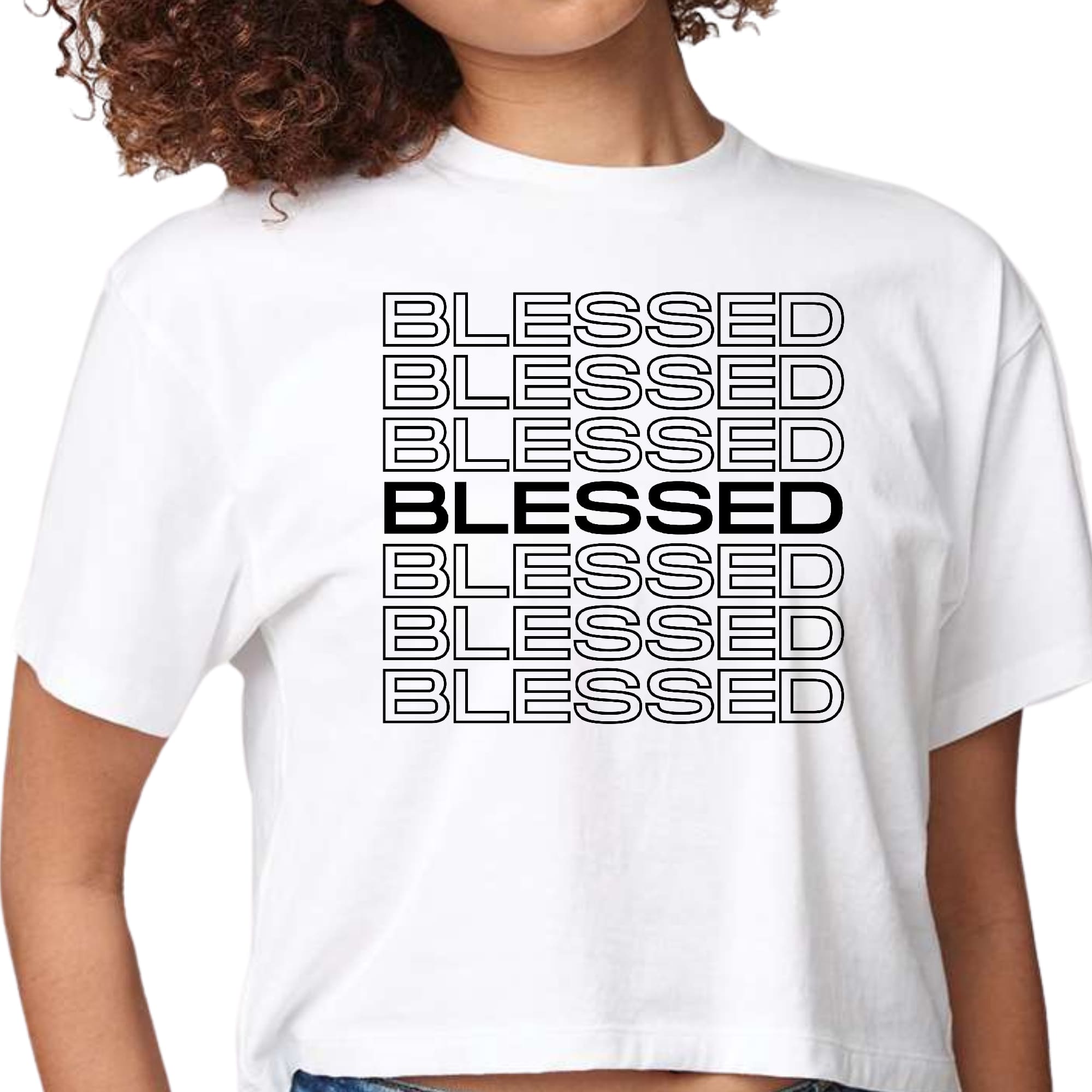 Womens Cropped Graphic T-shirt in black featuring a Stacked Blessed Print, showcasing a stylish and inspirational design.