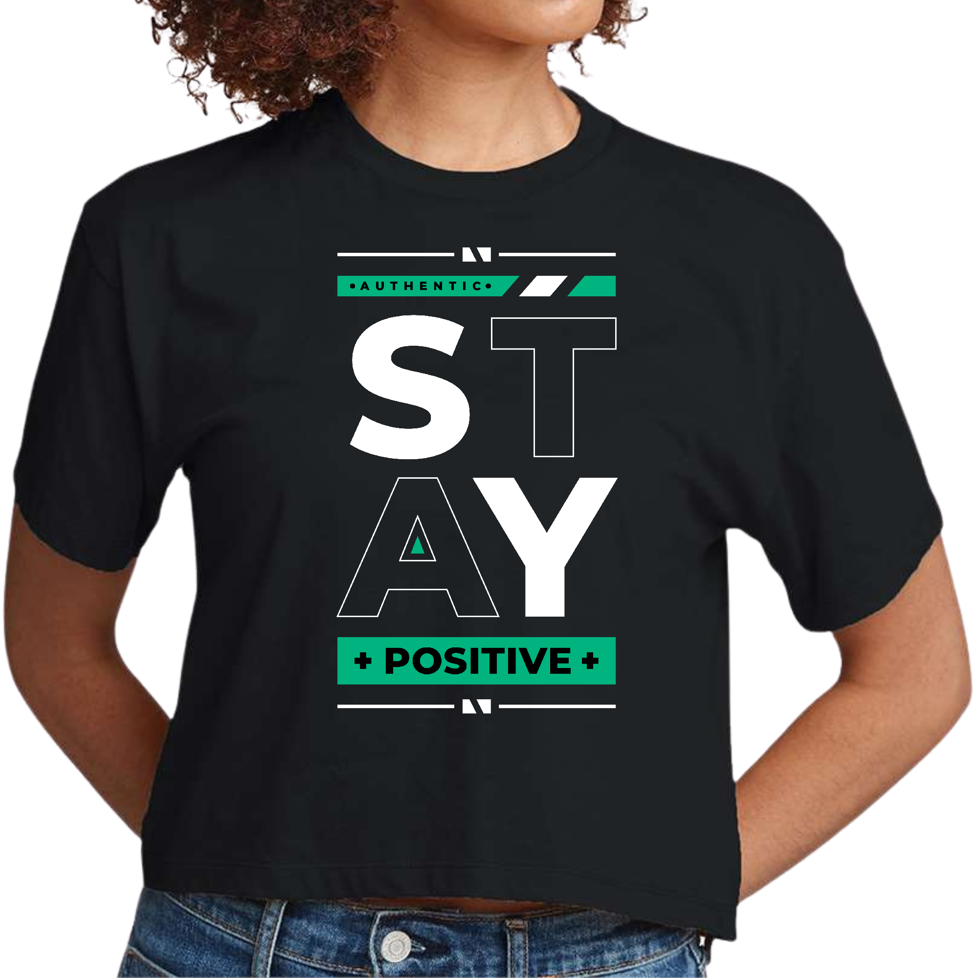 A stylish Women's Cropped Graphic T-shirt featuring the phrase 'Stay Positive' in a trendy design, made from soft cotton fabric.