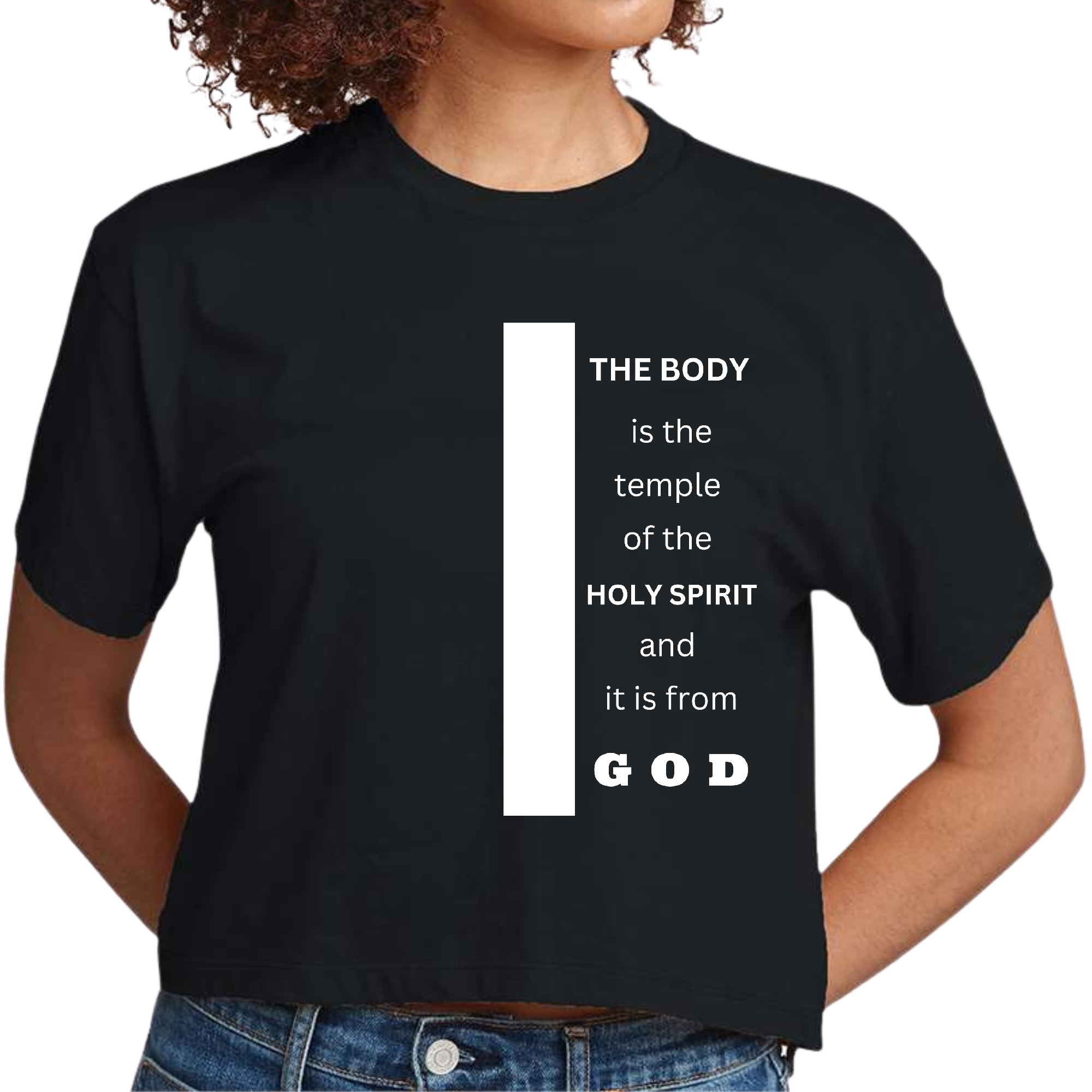 Women's cropped graphic t-shirt featuring the scripture 'The Body is the Temple of the Holy Spirit' in a stylish design.