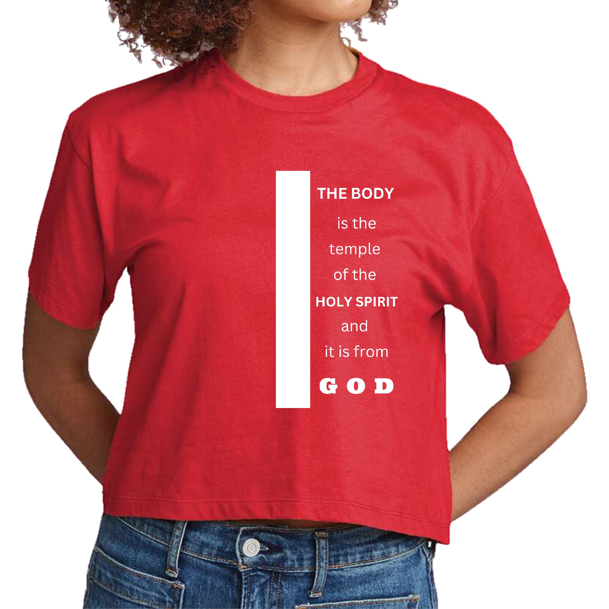 Women's cropped graphic t-shirt featuring the scripture 'The Body is the Temple of the Holy Spirit' in a stylish design.