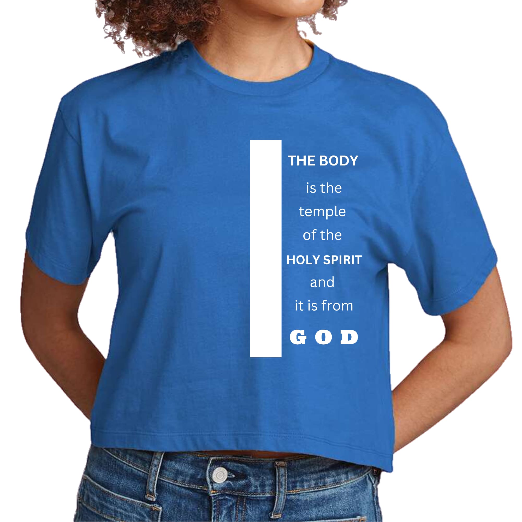 Women's cropped graphic t-shirt featuring the scripture 'The Body is the Temple of the Holy Spirit' in a stylish design.