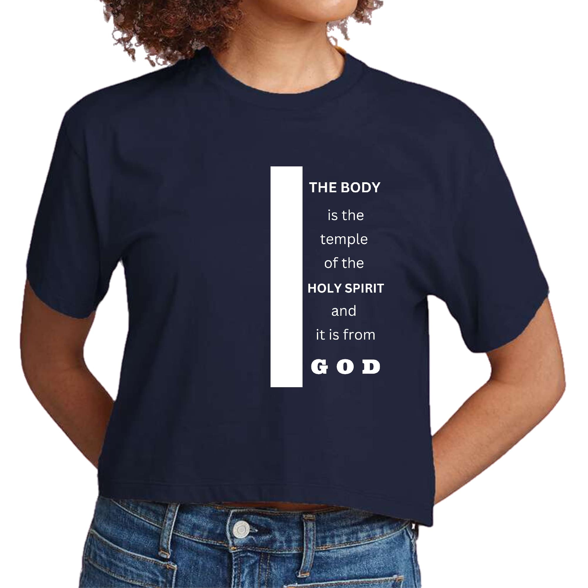 Women's cropped graphic t-shirt featuring the scripture 'The Body is the Temple of the Holy Spirit' in a stylish design.