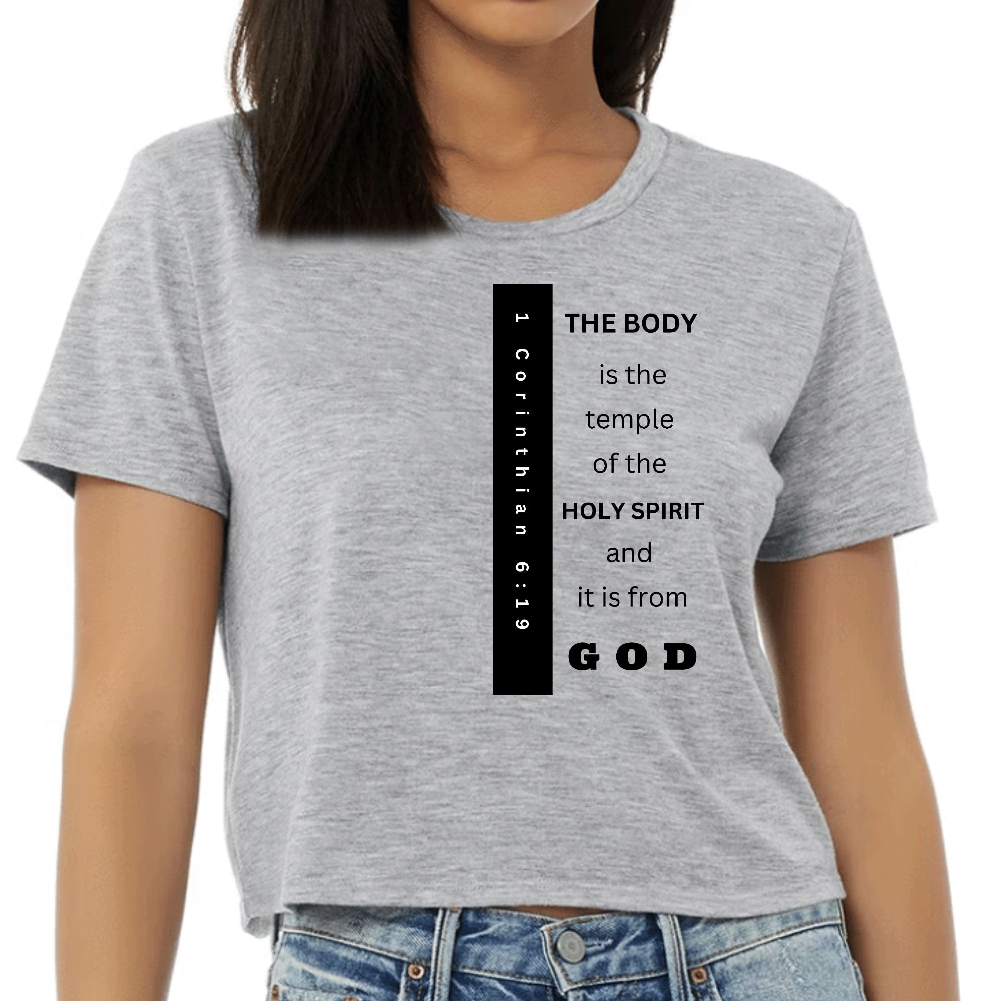 Women's cropped graphic t-shirt in black featuring 'The Body is the Temple' print, made from soft preshrunk cotton.