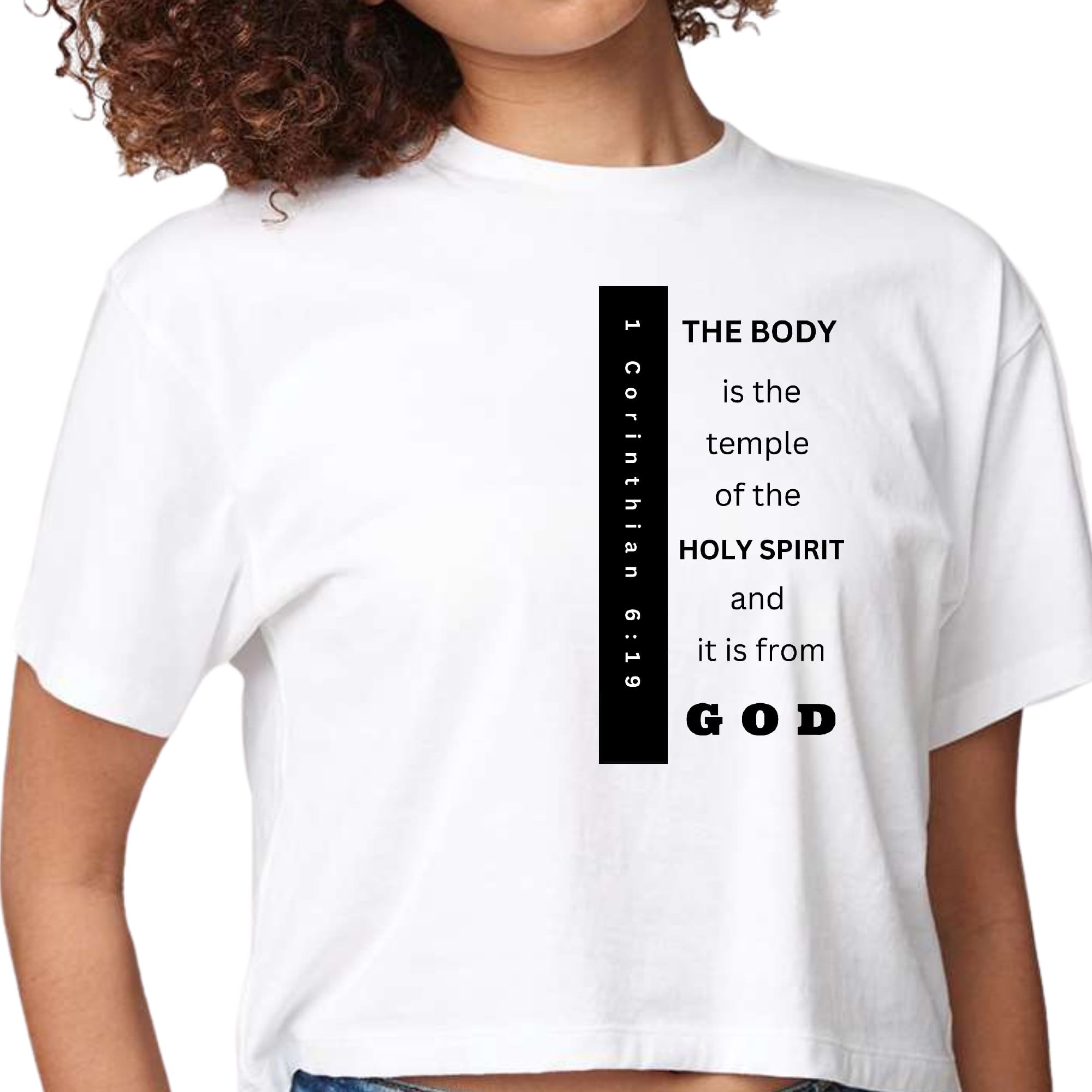 Women's cropped graphic t-shirt in black featuring 'The Body is the Temple' print, made from soft preshrunk cotton.