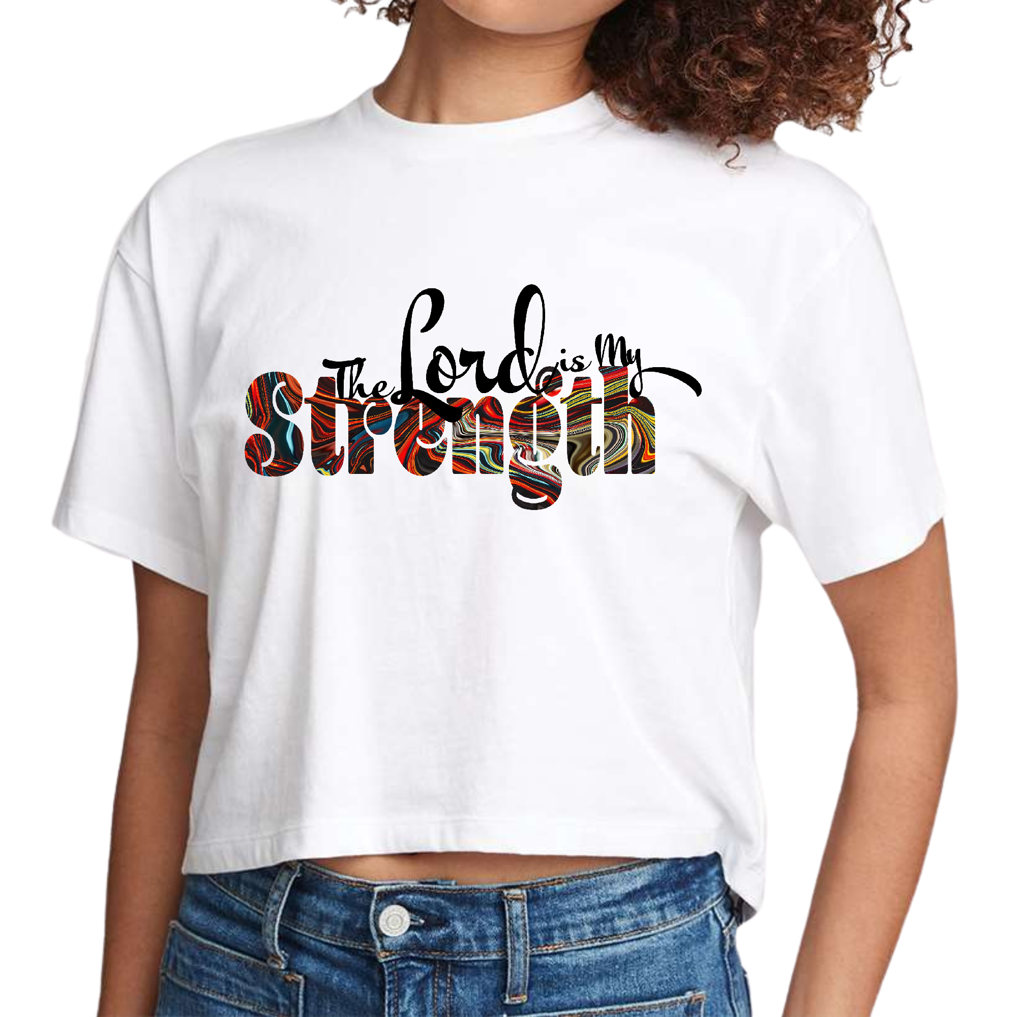 Womens Cropped Graphic T-shirt with 'The Lord is my Strength' print in multicolor, showcasing a stylish and comfortable design.