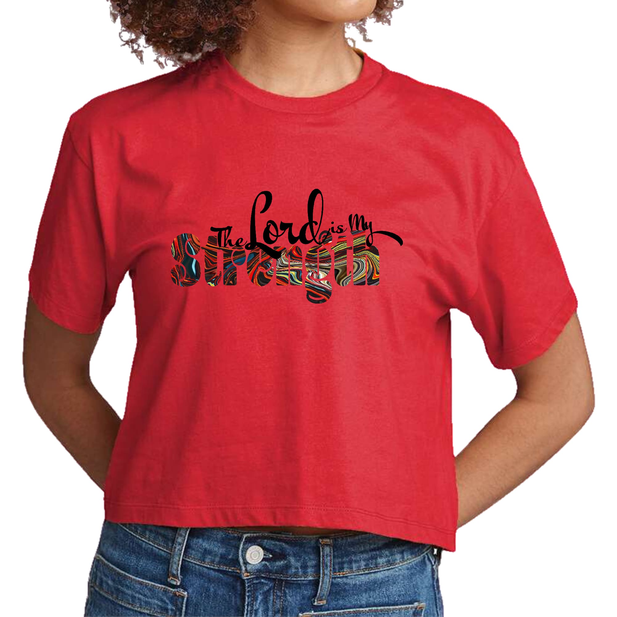 Womens Cropped Graphic T-shirt with 'The Lord is my Strength' print in multicolor, showcasing a stylish and comfortable design.