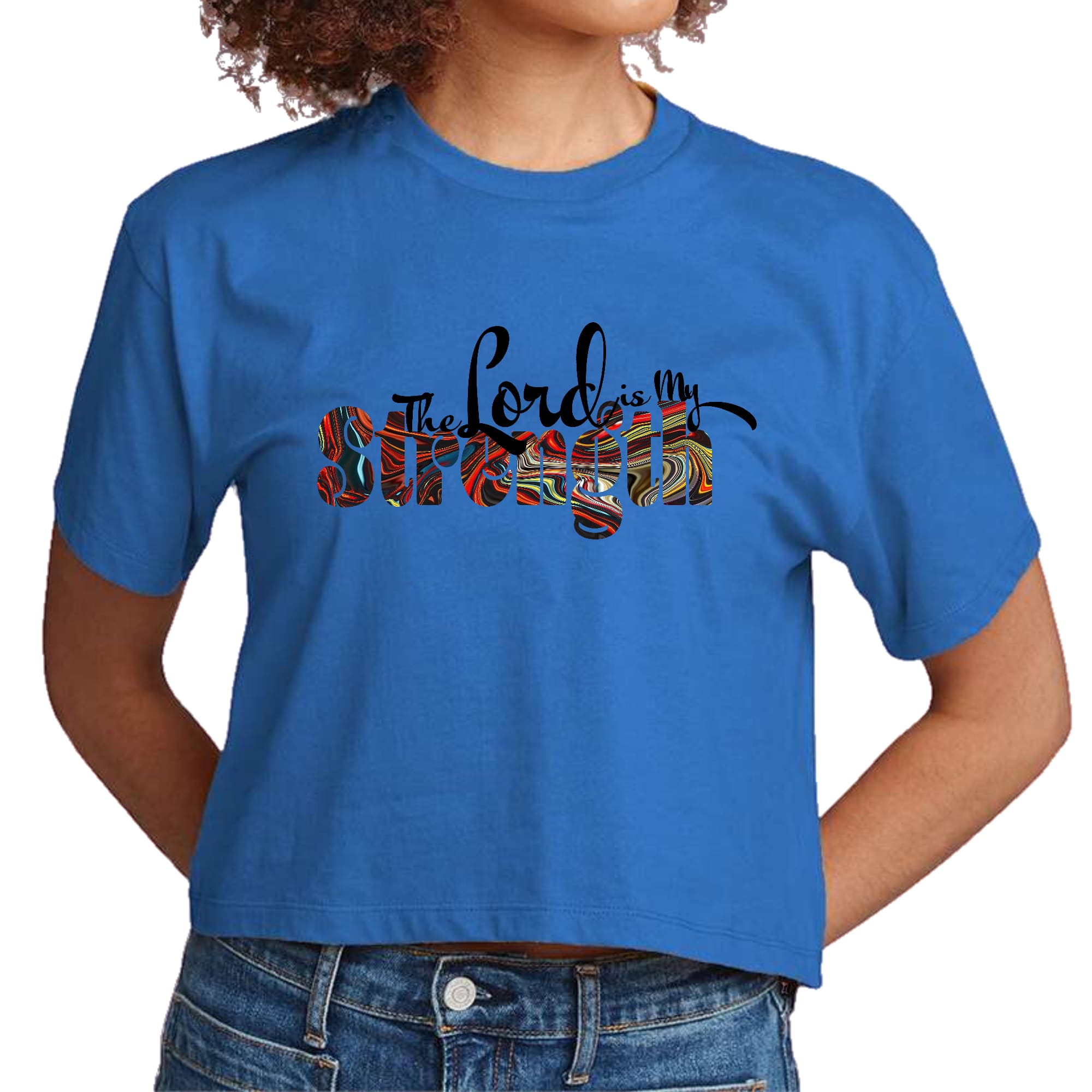 Womens Cropped Graphic T-shirt with 'The Lord is my Strength' print in multicolor, showcasing a stylish and comfortable design.