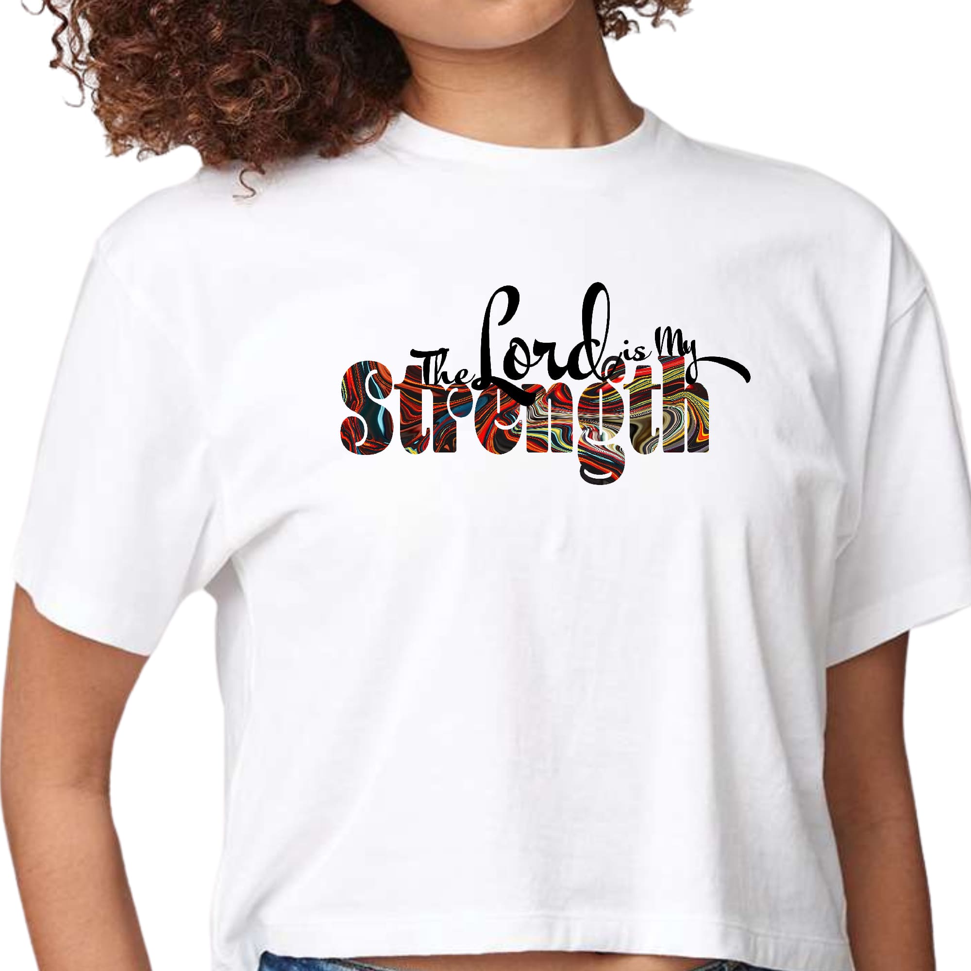 Womens Cropped Graphic T-shirt with 'The Lord is my Strength' print in multicolor, showcasing a stylish and comfortable design.