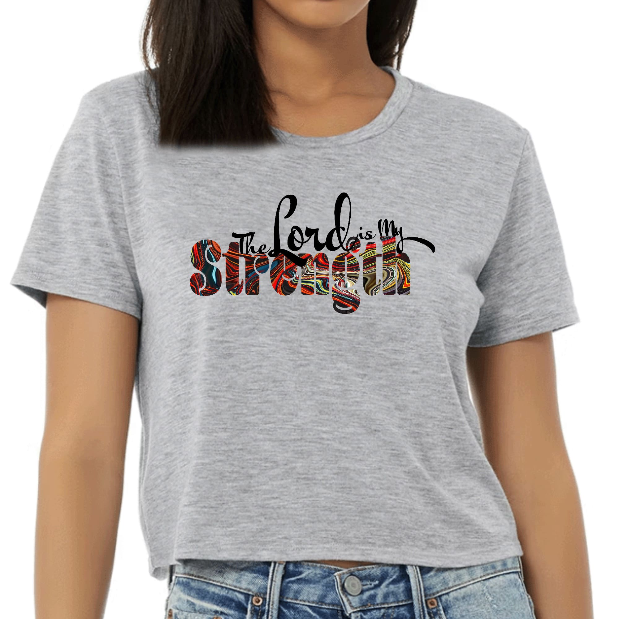 Womens Cropped Graphic T-shirt with 'The Lord is my Strength' print in multicolor, showcasing a stylish and comfortable design.