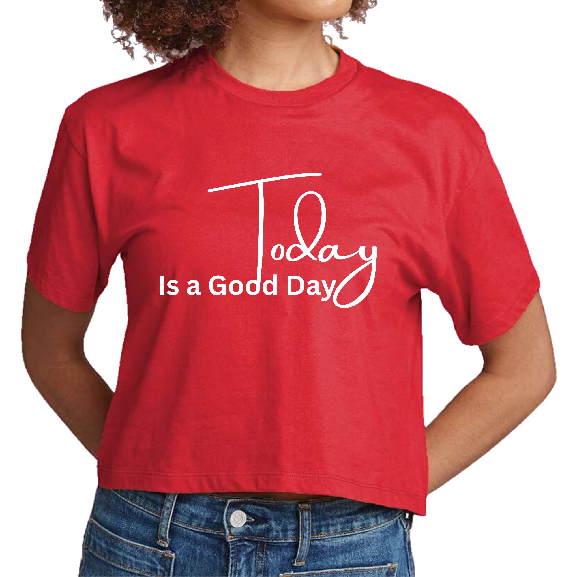 Women's cropped graphic t-shirt with 'Today is a Good Day' print, showcasing a soft cotton fabric and stylish crewneck design.