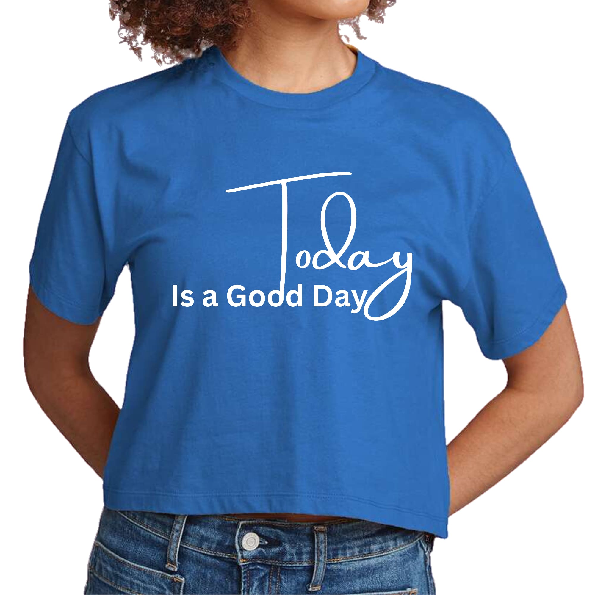 Women's cropped graphic t-shirt with 'Today is a Good Day' print, showcasing a soft cotton fabric and stylish crewneck design.