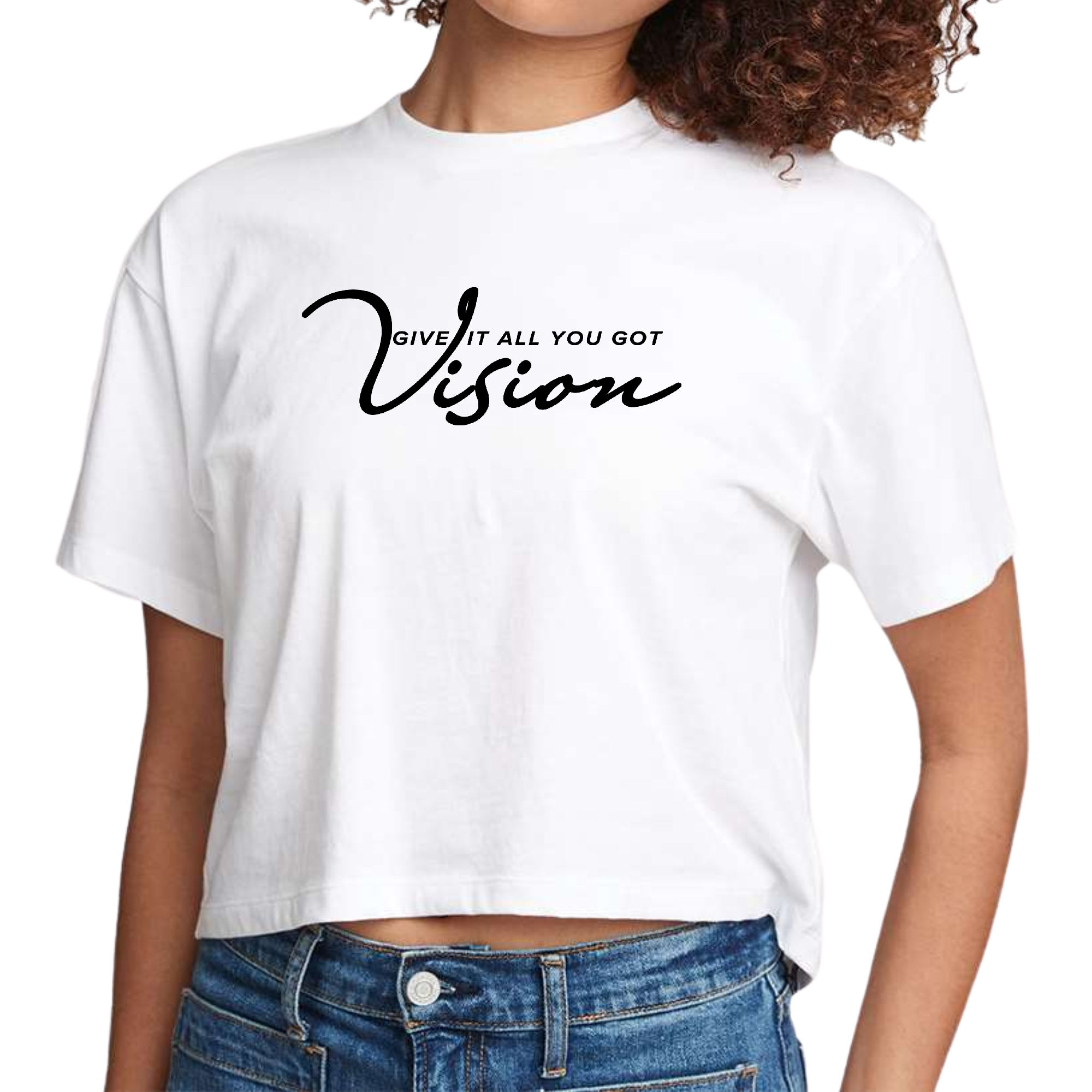 Women's cropped graphic t-shirt in black featuring the phrase 'Give it All you Got' in stylish print.