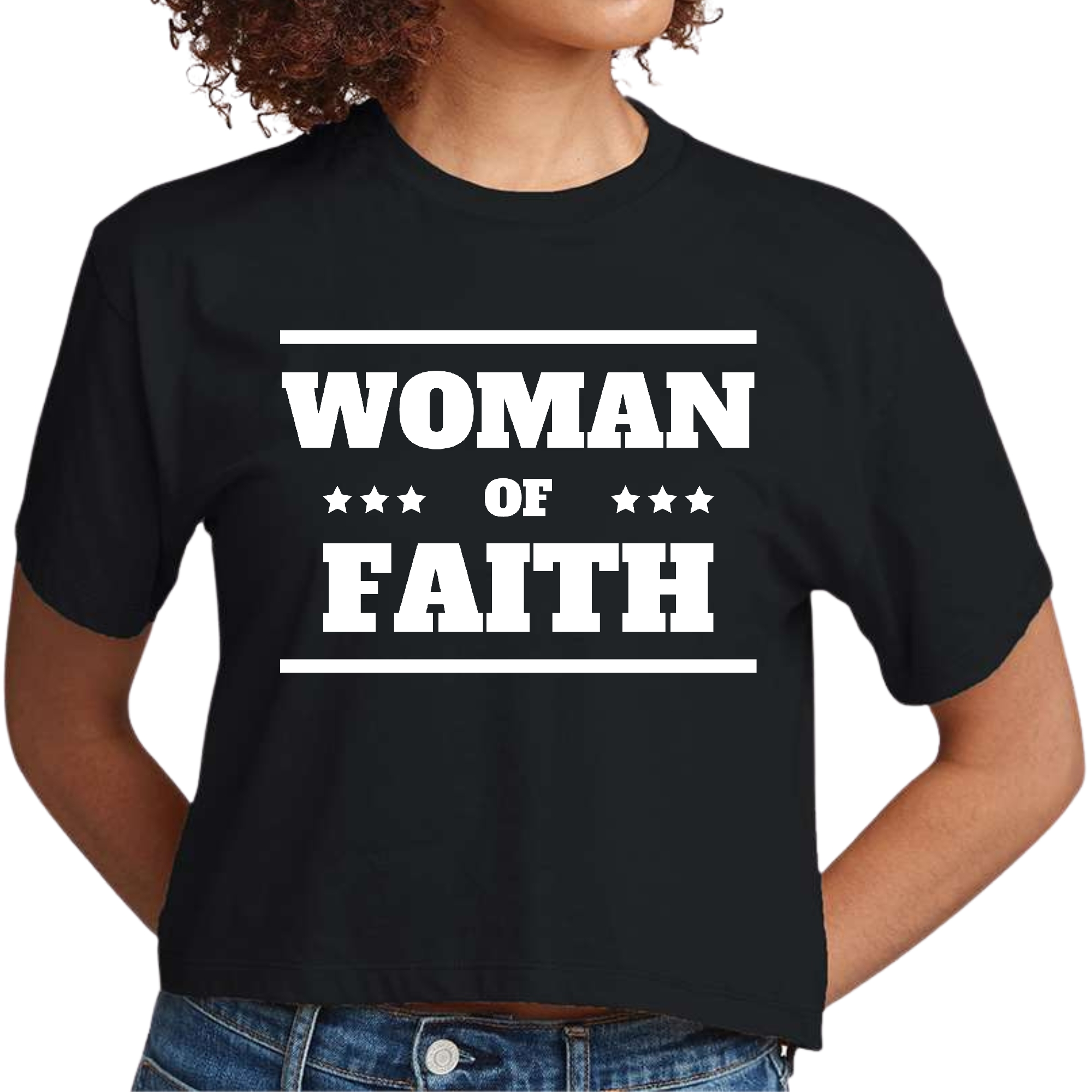 A stylish Women's Cropped Graphic T-shirt featuring the phrase 'Woman of Faith' in an inspirational design, made from soft preshrunk cotton.