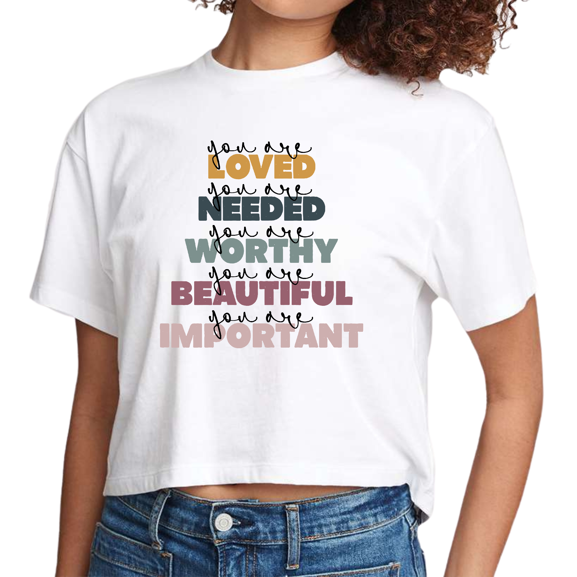 A stylish Women's Cropped Graphic T-shirt featuring the uplifting 'You are Loved' affirmation, made from soft cotton material.