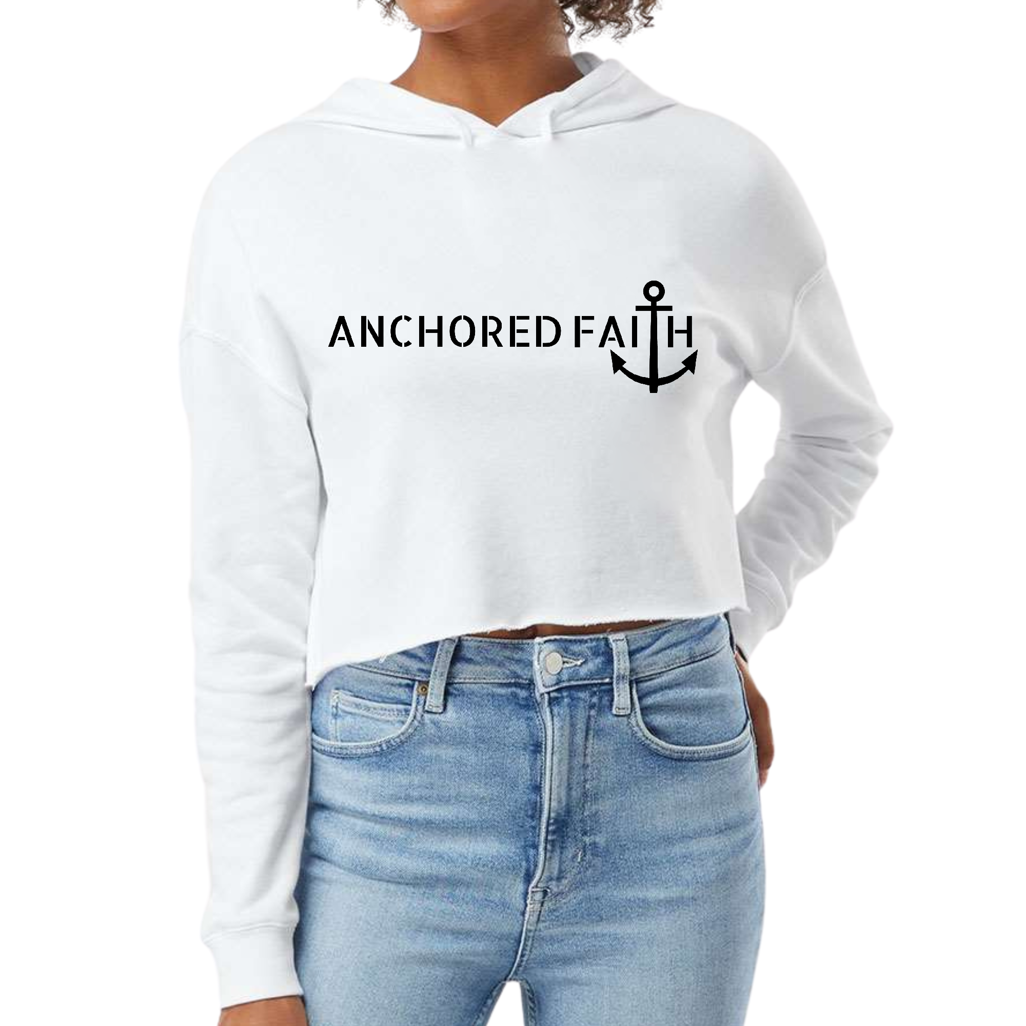 Womens Cropped Hoodie featuring Anchored Faith black print, showcasing a stylish design with a comfortable fit.