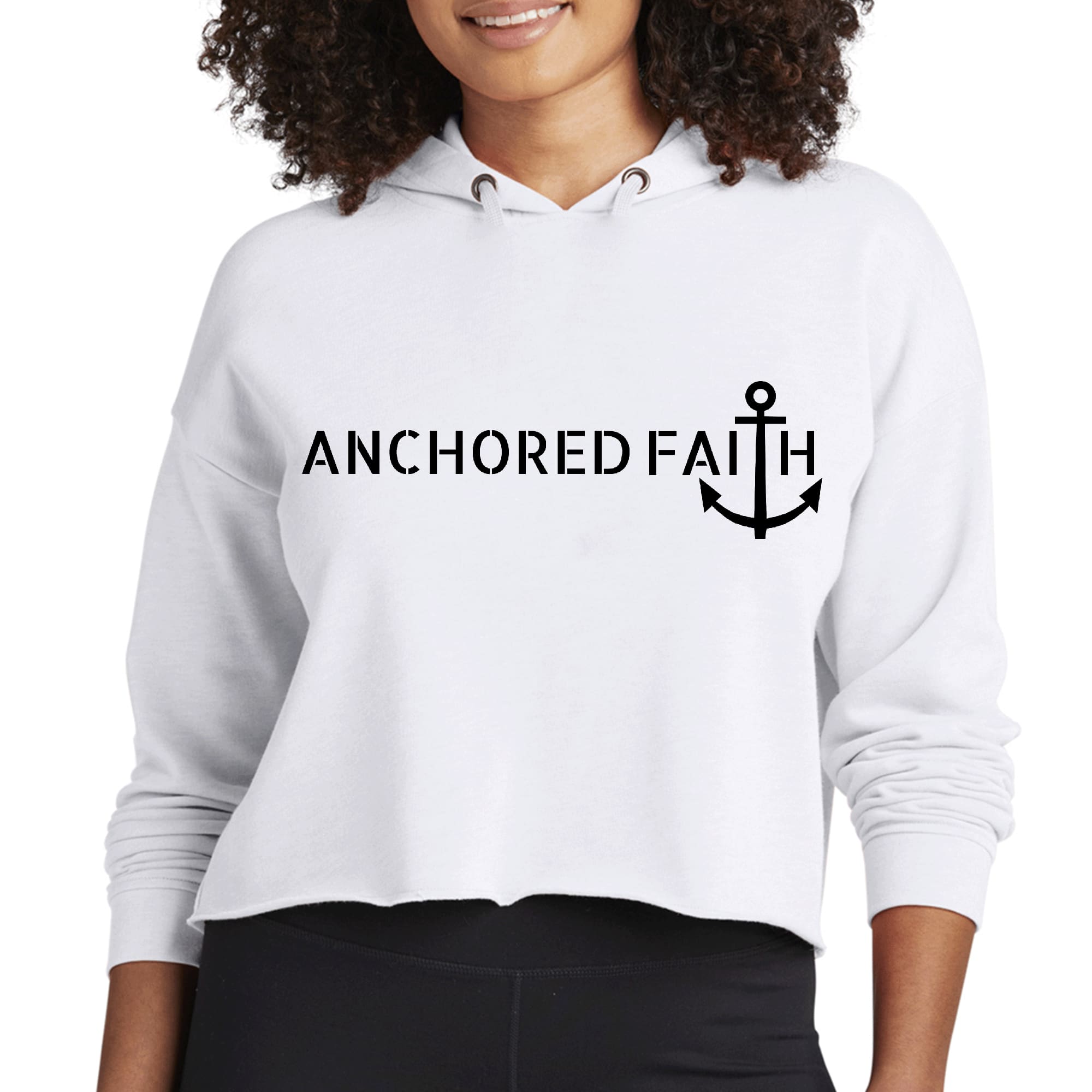 Womens Cropped Hoodie featuring Anchored Faith black print, showcasing a stylish design with a comfortable fit.