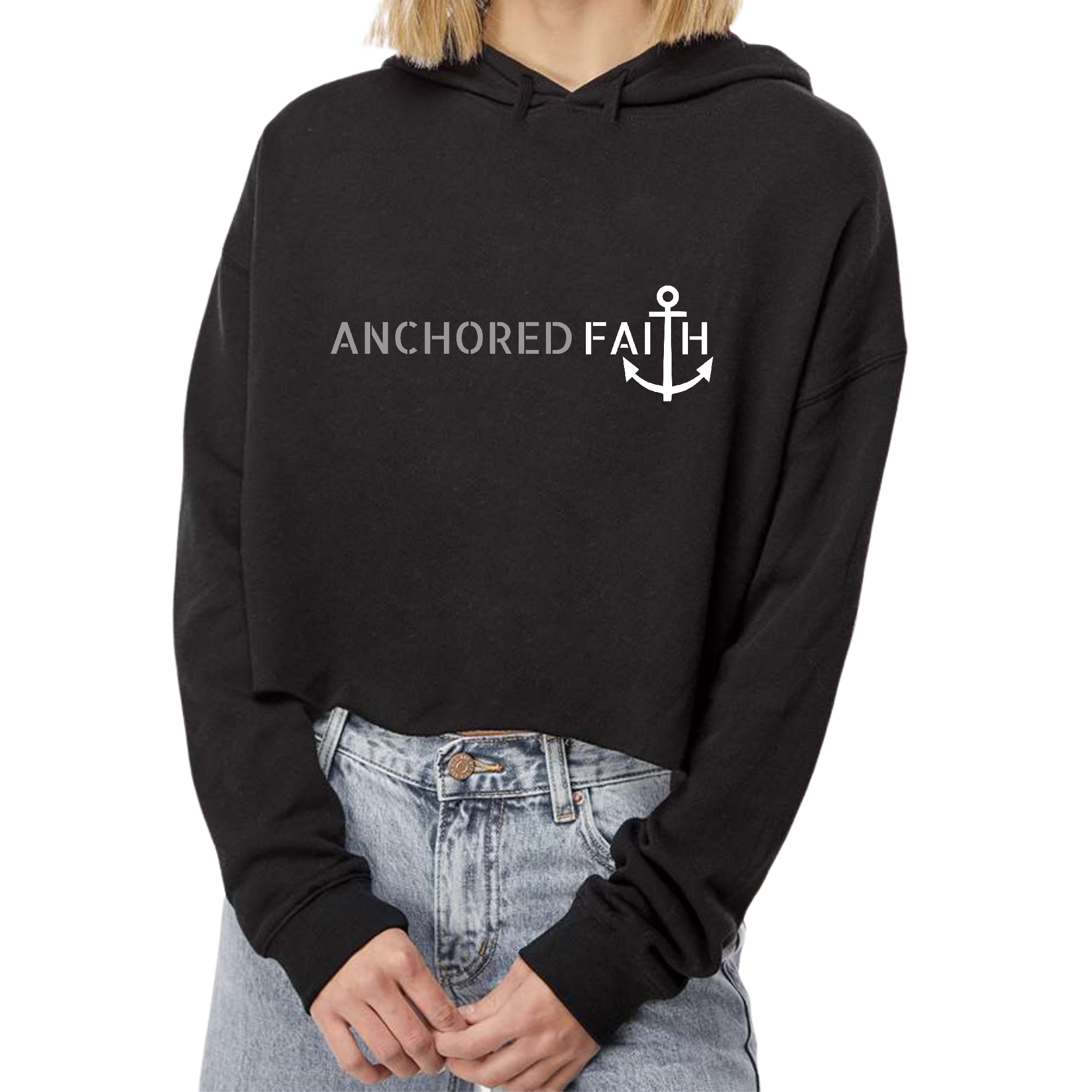 Women's cropped hoodie in grey and white with Anchored Faith print, featuring a relaxed fit and double fabric hood.