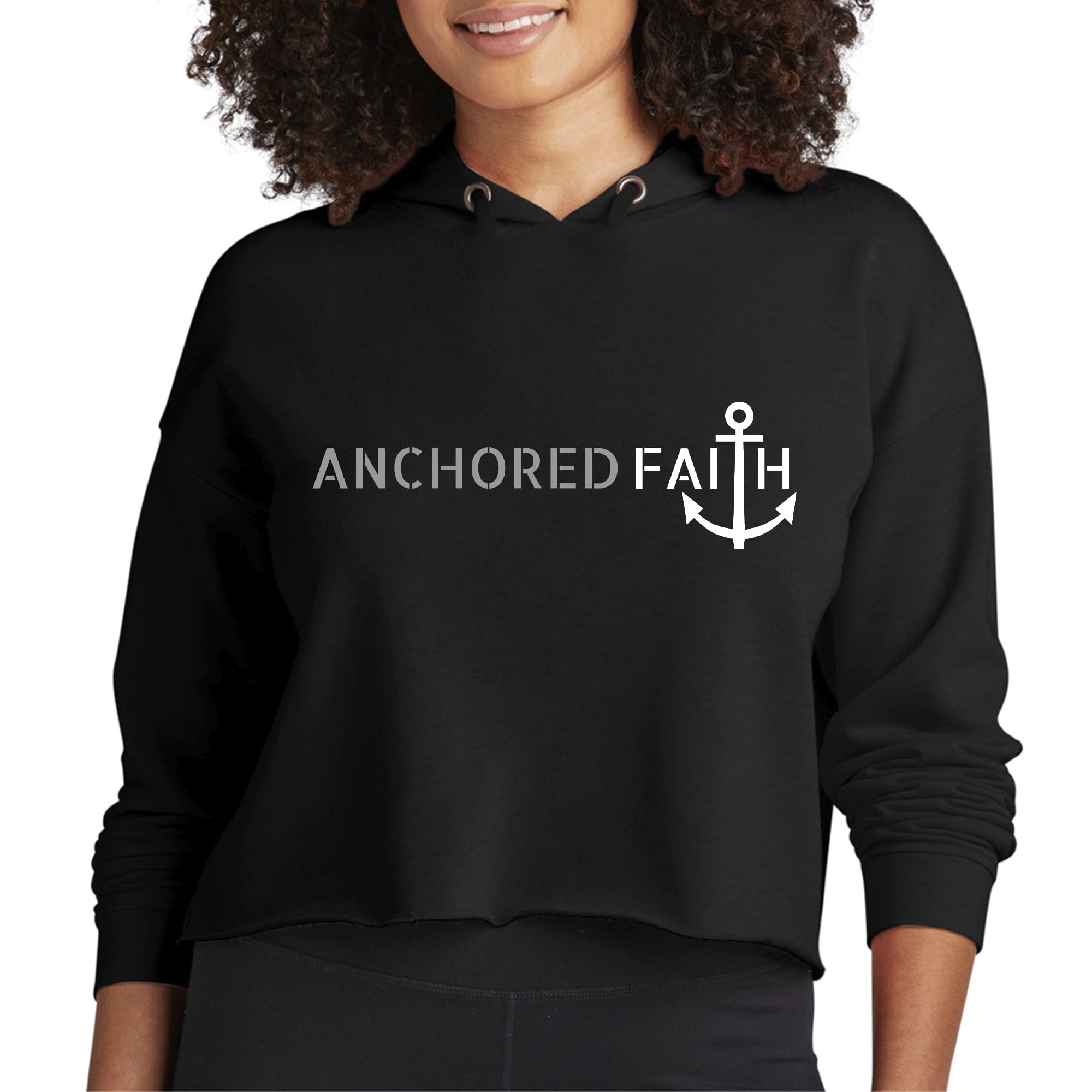 Women's cropped hoodie in grey and white with Anchored Faith print, featuring a relaxed fit and double fabric hood.