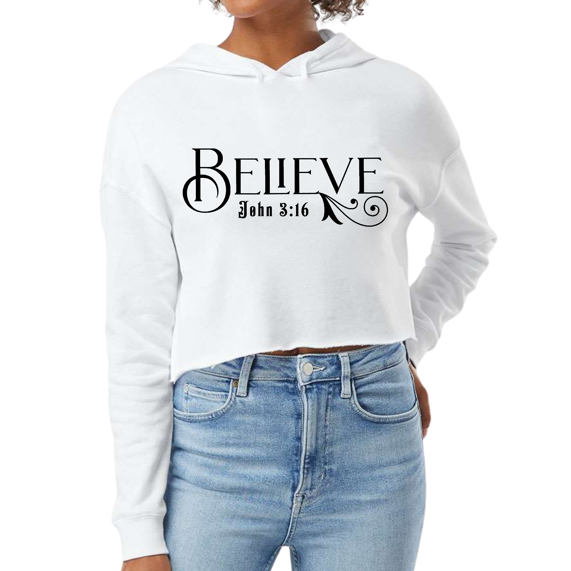 Women's cropped hoodie in black featuring the Believe John 3:16 illustration, showcasing a stylish design and comfortable fit.