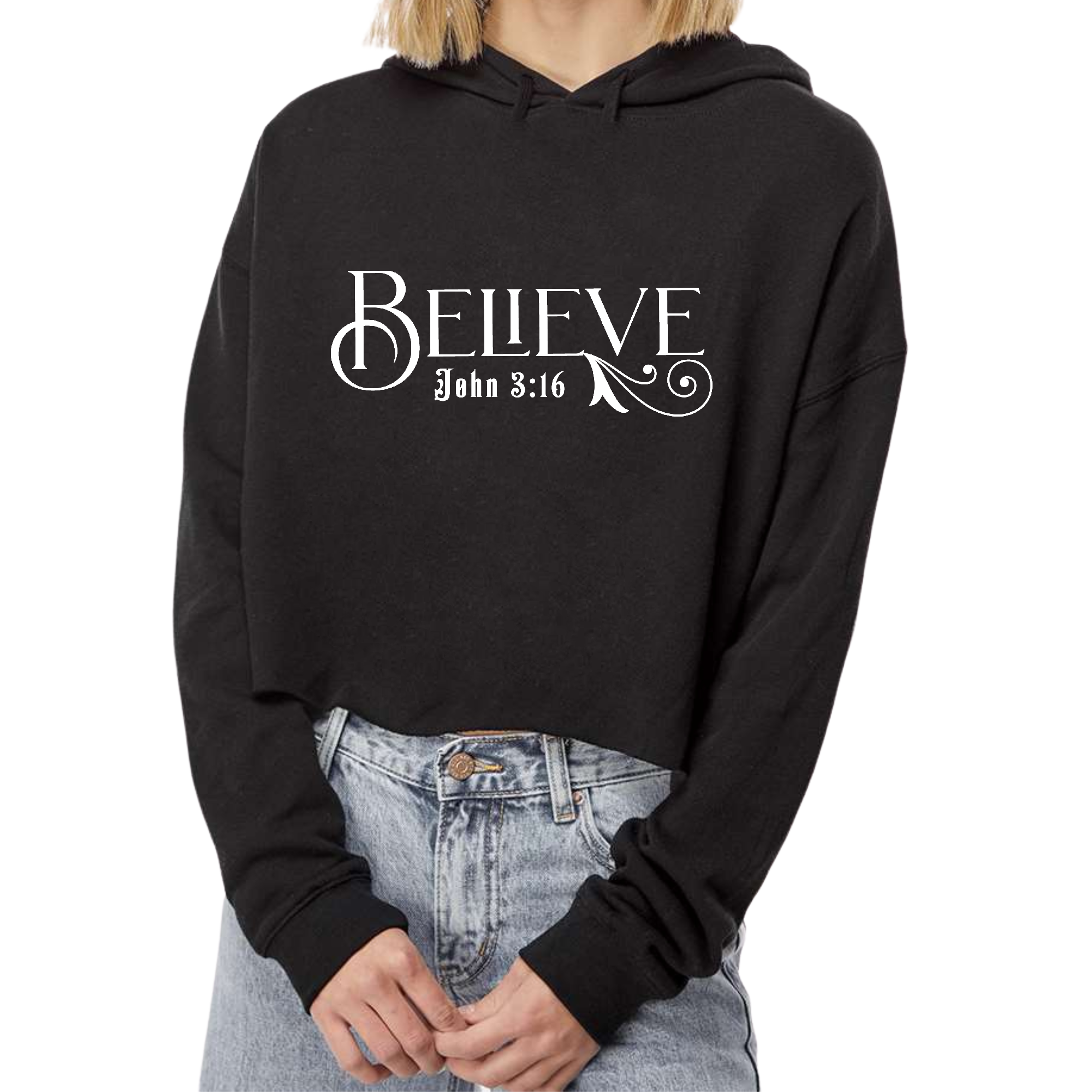 Women's Cropped Hoodie with Believe John 3:16 scripture print, featuring a soft fabric and stylish design.