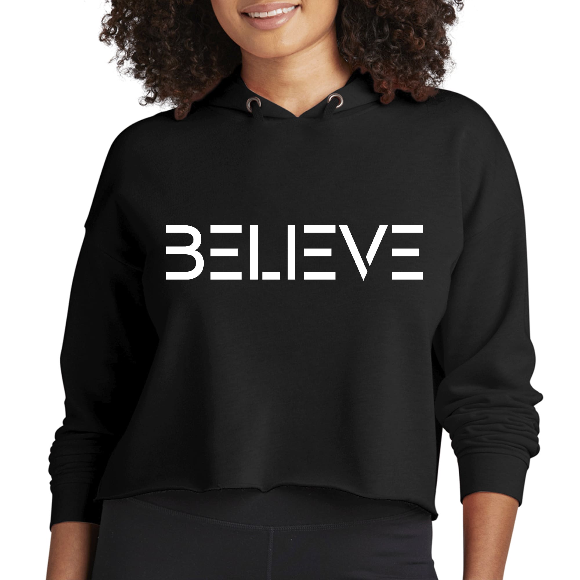 Women's Cropped Hoodie in white with 'Believe' motivational print, featuring a relaxed fit and double fabric hood.