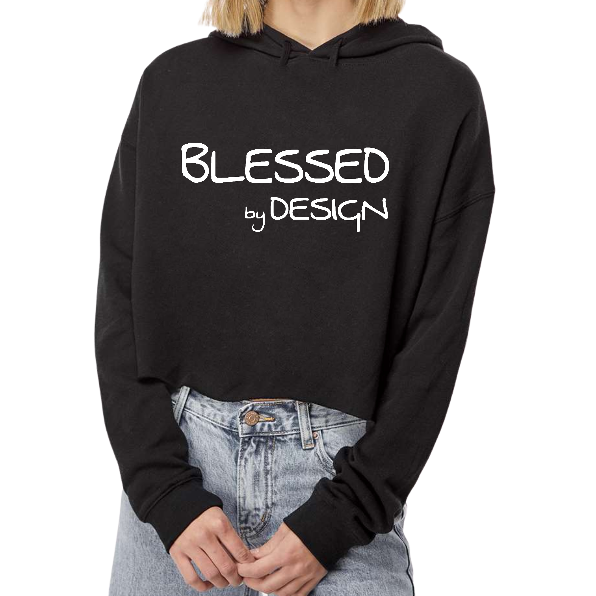 Women's Cropped Hoodie Blessed by Design featuring a soft cotton blend, raw edge hem, and inspirational affirmation.