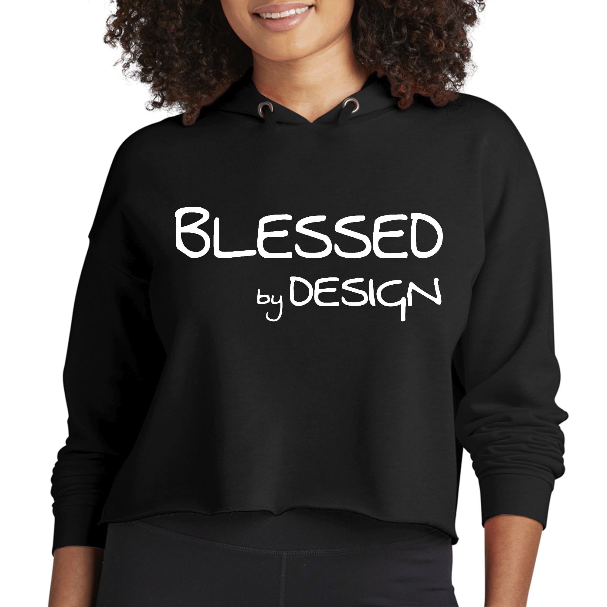 Women's Cropped Hoodie Blessed by Design featuring a soft cotton blend, raw edge hem, and inspirational affirmation.