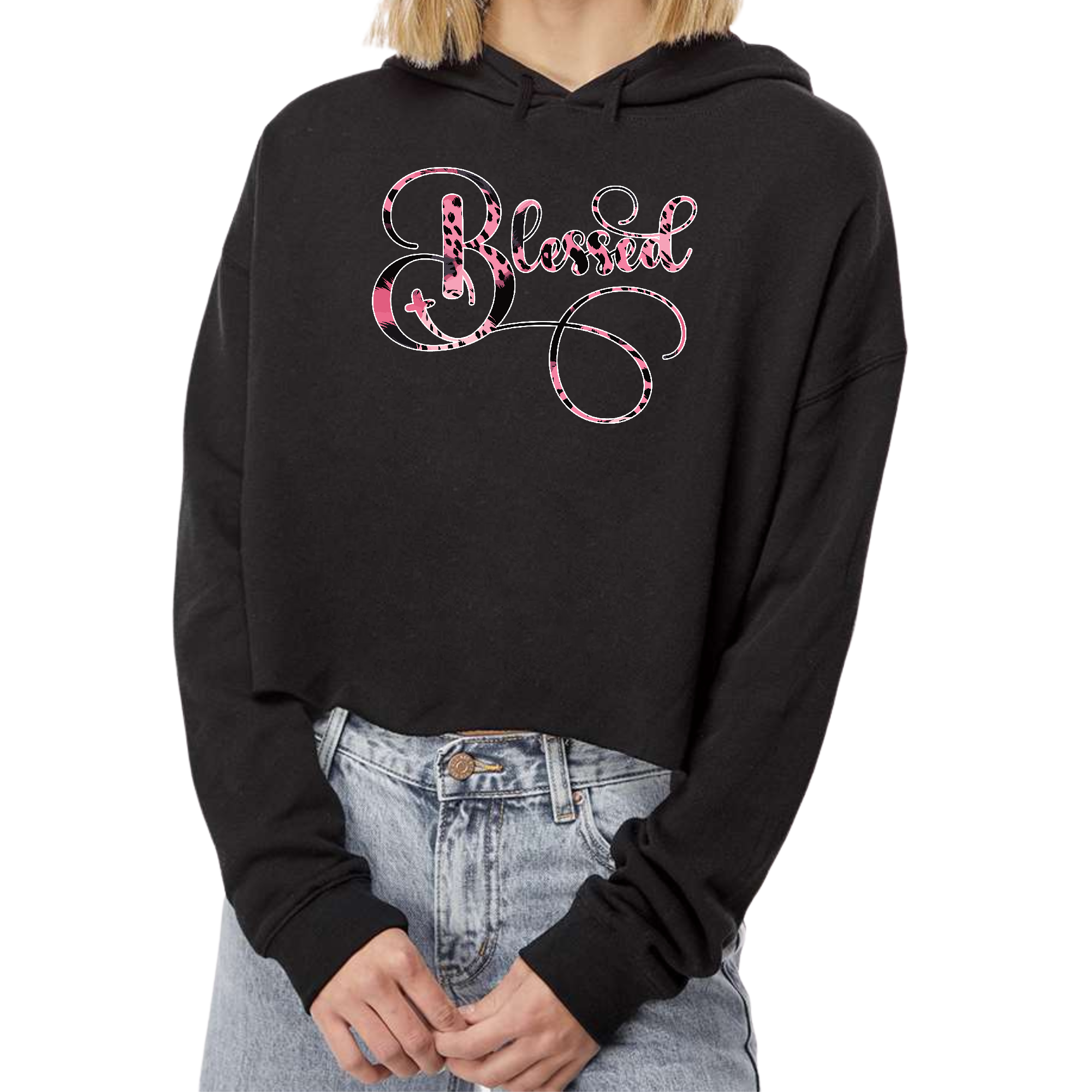 Womens cropped hoodie featuring a blessed pink and black patterned graphic, showcasing a stylish design with a relaxed fit.