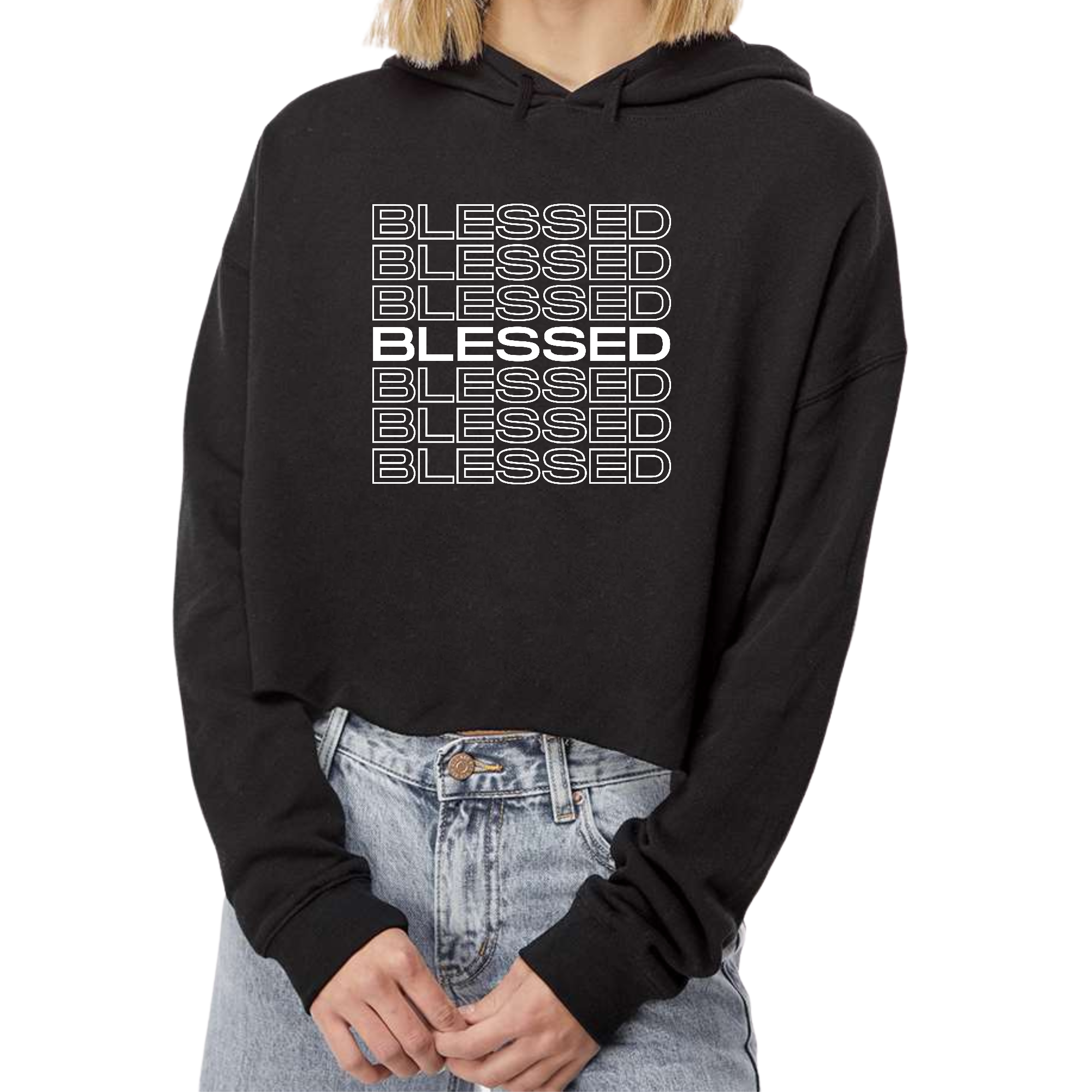 Womens Cropped Hoodie featuring Blessed Stacked Print in a stylish design, showcasing the raw edge cut hem and double fabric hood.