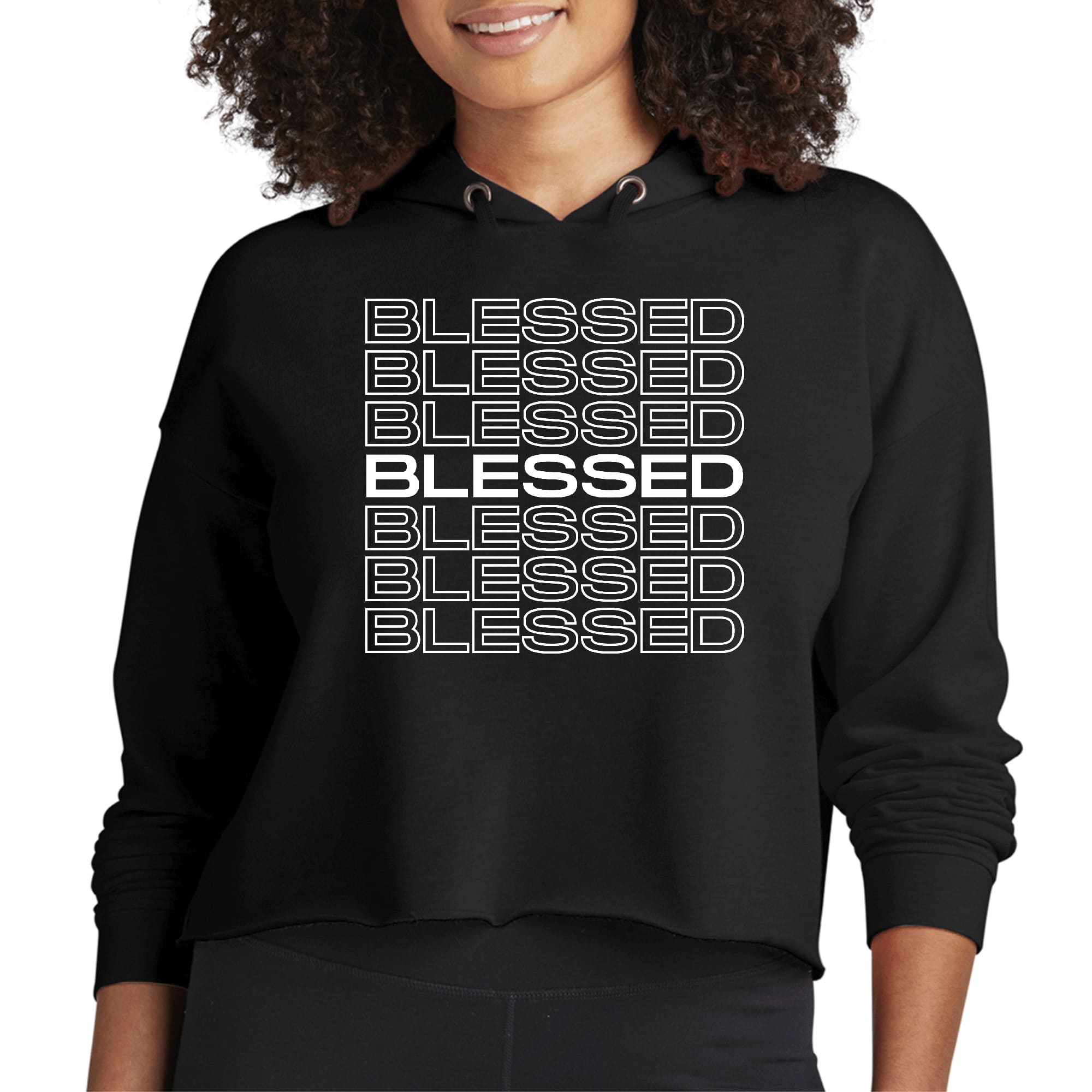 Womens Cropped Hoodie featuring Blessed Stacked Print in a stylish design, showcasing the raw edge cut hem and double fabric hood.