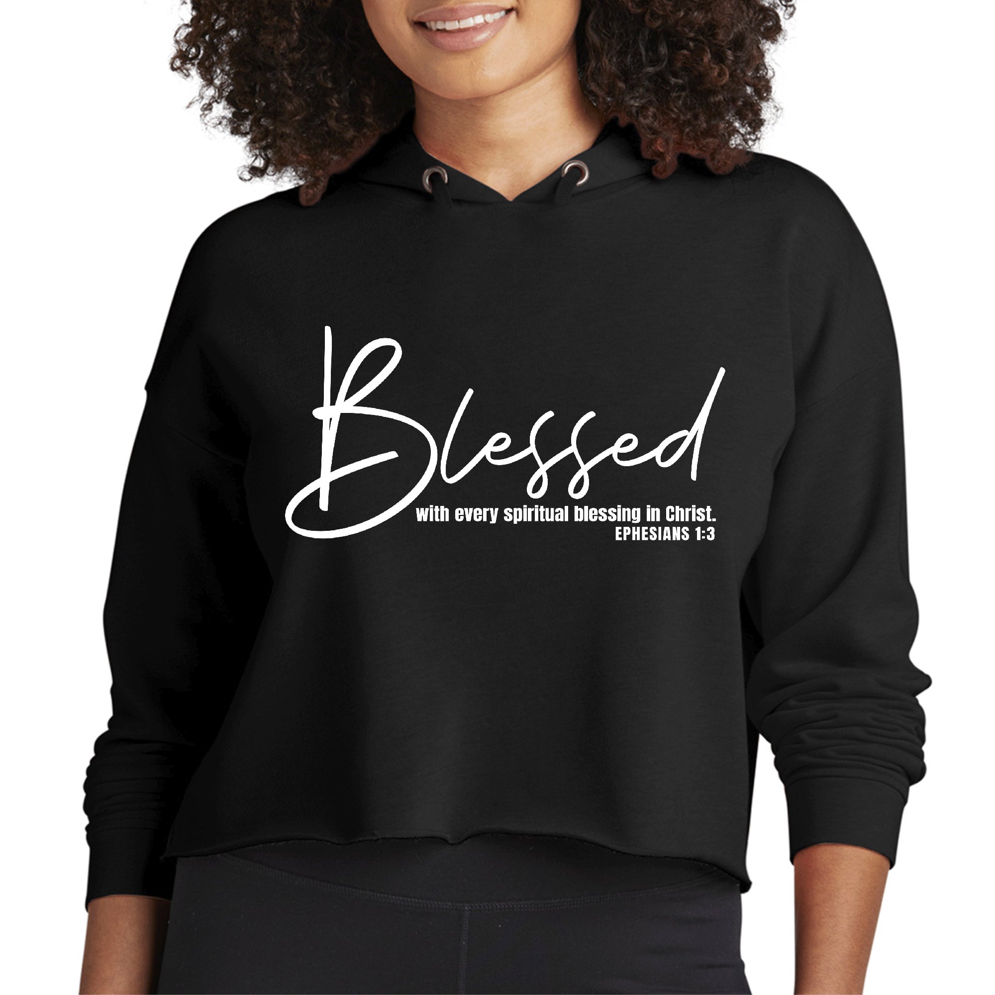 Womens Cropped Hoodie in white featuring spiritual blessings print, designed for comfort and style with a cropped fit and drawstring hood.