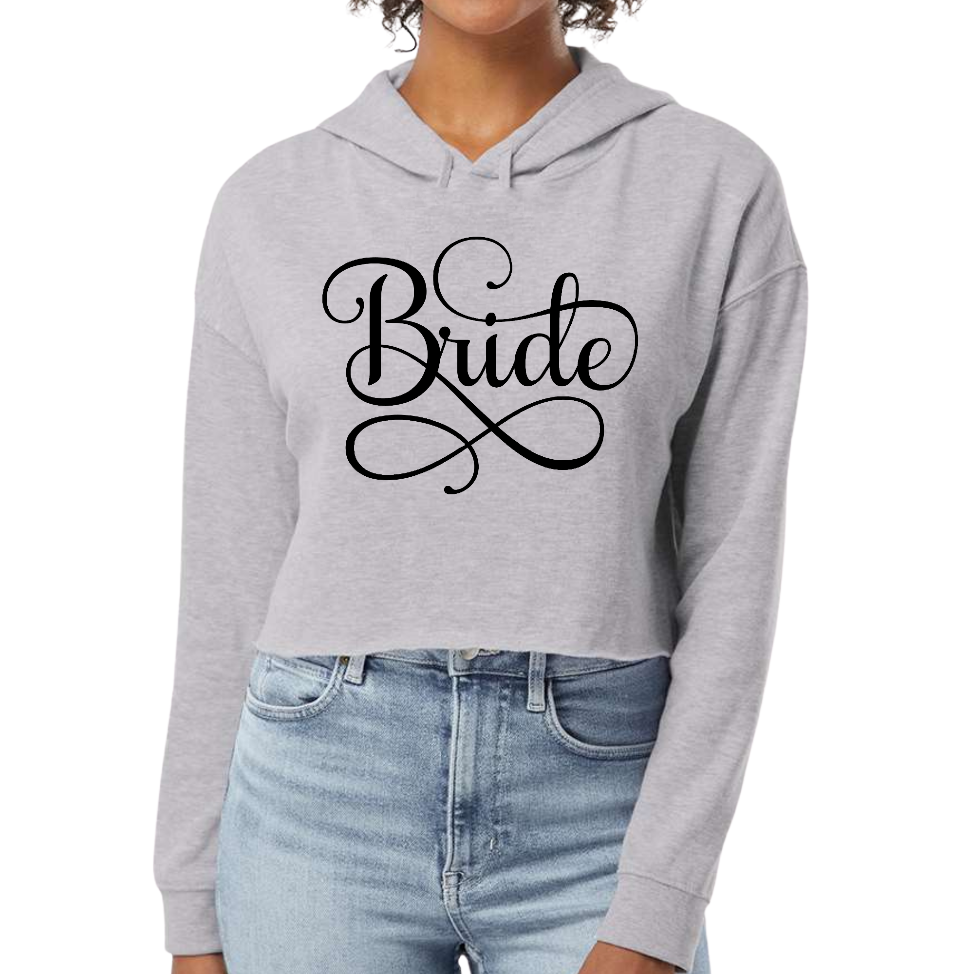 A stylish women's cropped hoodie designed for brides, featuring a soft cotton blend and a relaxed fit, perfect for wedding festivities.