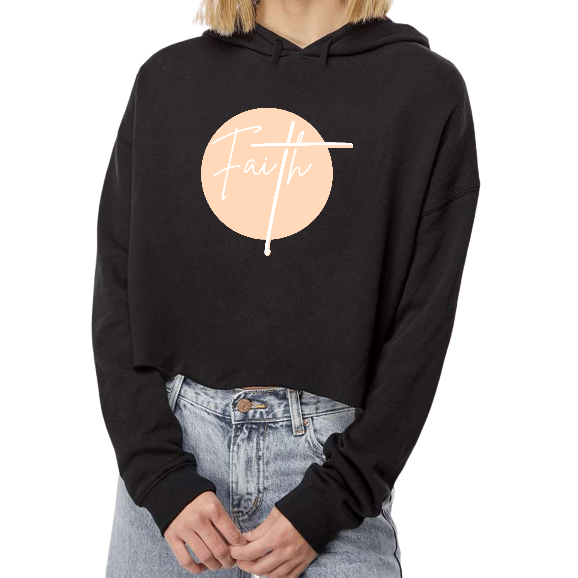 Women's Cropped Hoodie in peach and white featuring a Christian affirmation design, showcasing a relaxed fit and double fabric hood.