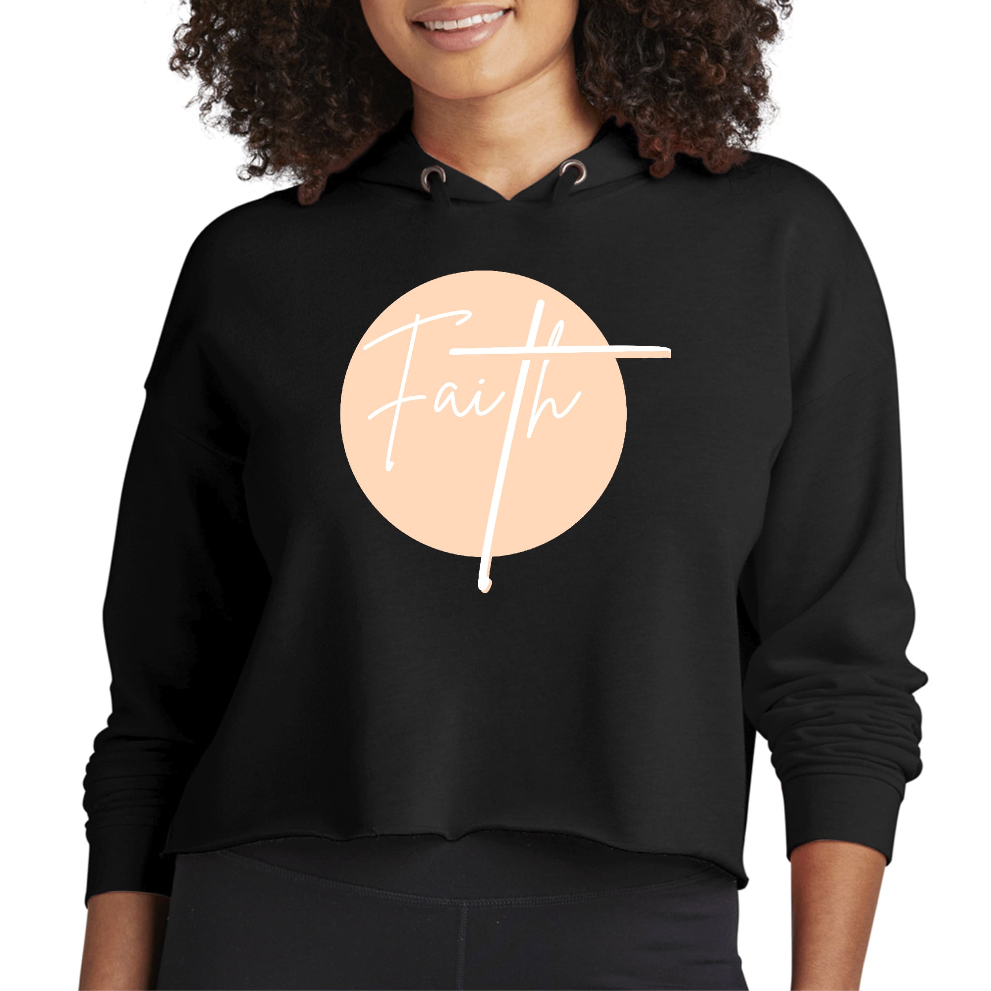 Women's Cropped Hoodie in peach and white featuring a Christian affirmation design, showcasing a relaxed fit and double fabric hood.