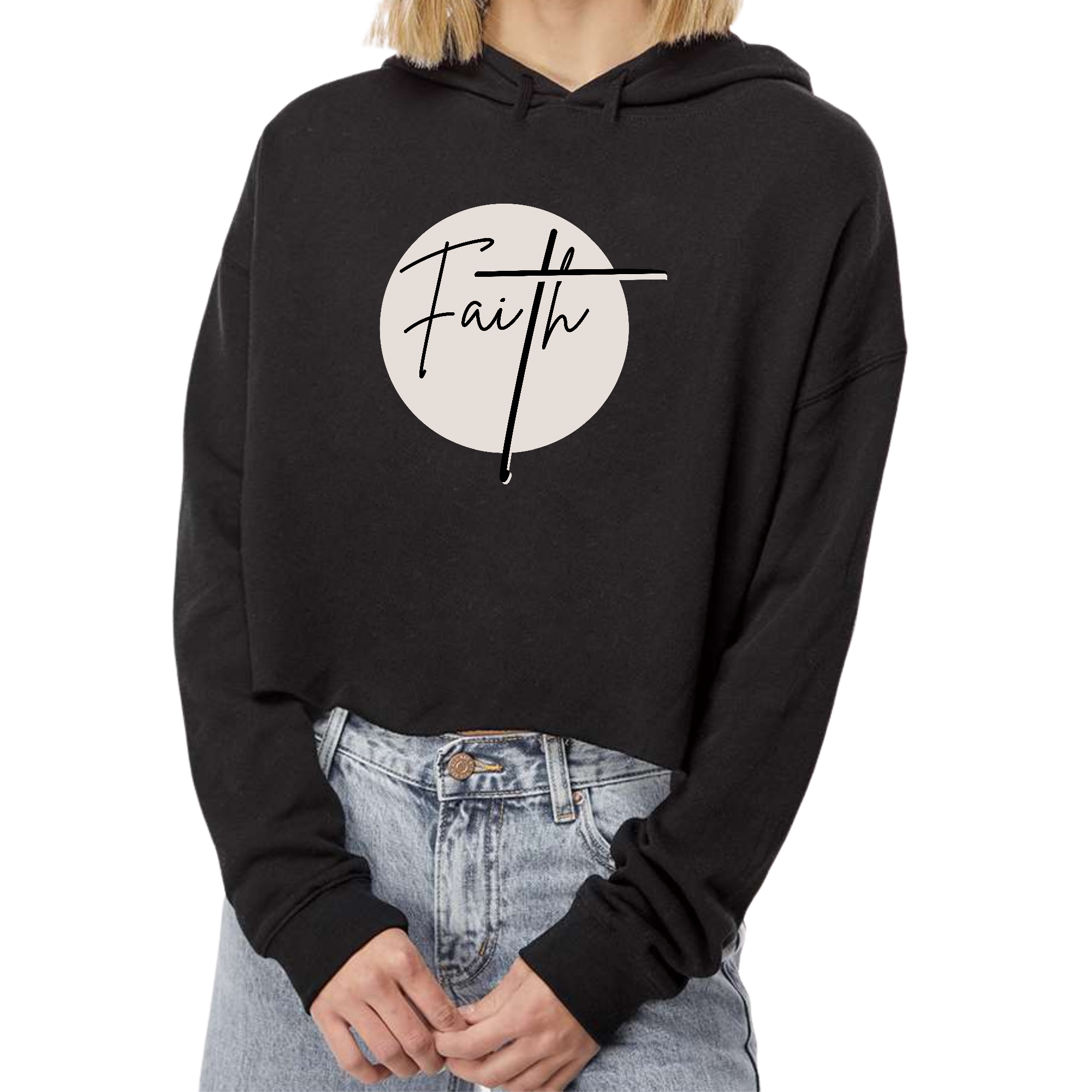 Women's Cropped Hoodie featuring a Faith Print in brown and black, showcasing a relaxed fit and stylish design.