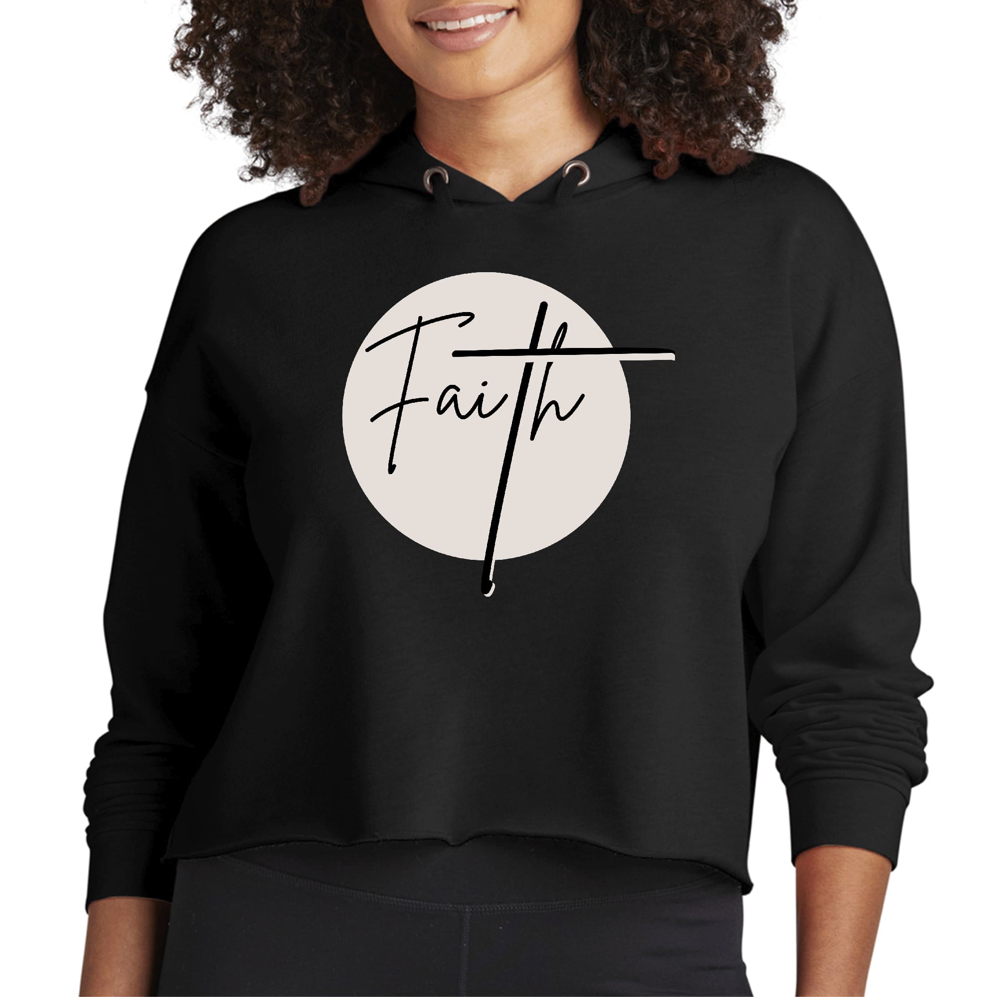 Women's Cropped Hoodie featuring a Faith Print in brown and black, showcasing a relaxed fit and stylish design.