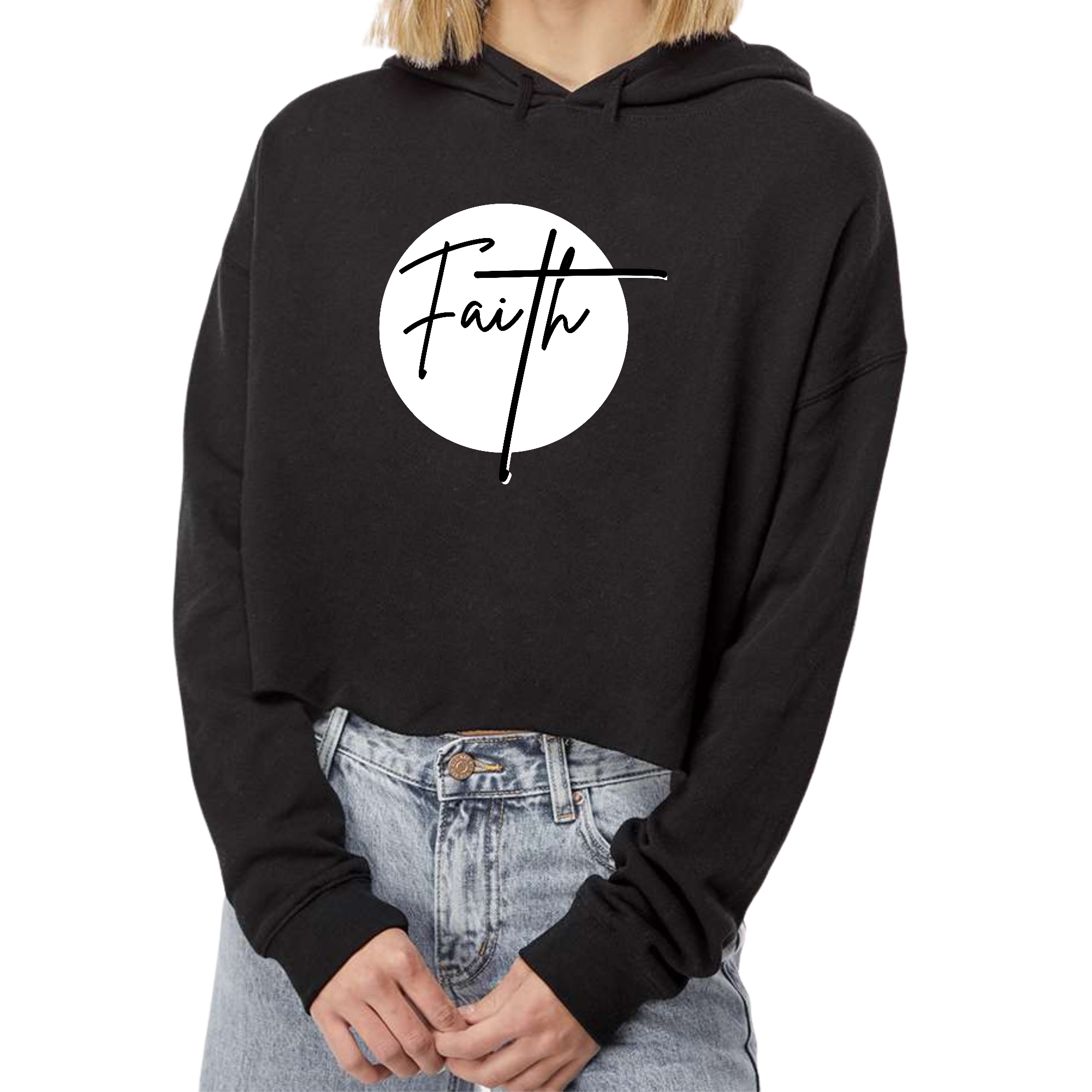 Women's cropped hoodie featuring a stylish faith print in black and white, made from soft cotton and polyester blend.