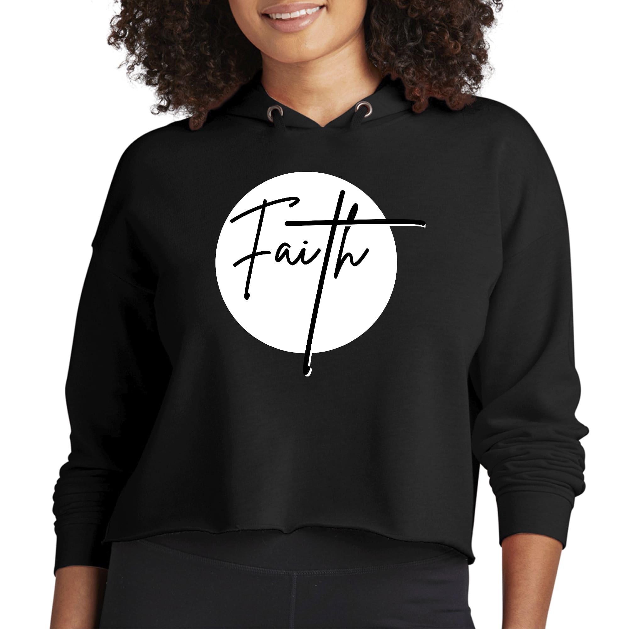 Women's cropped hoodie featuring a stylish faith print in black and white, made from soft cotton and polyester blend.