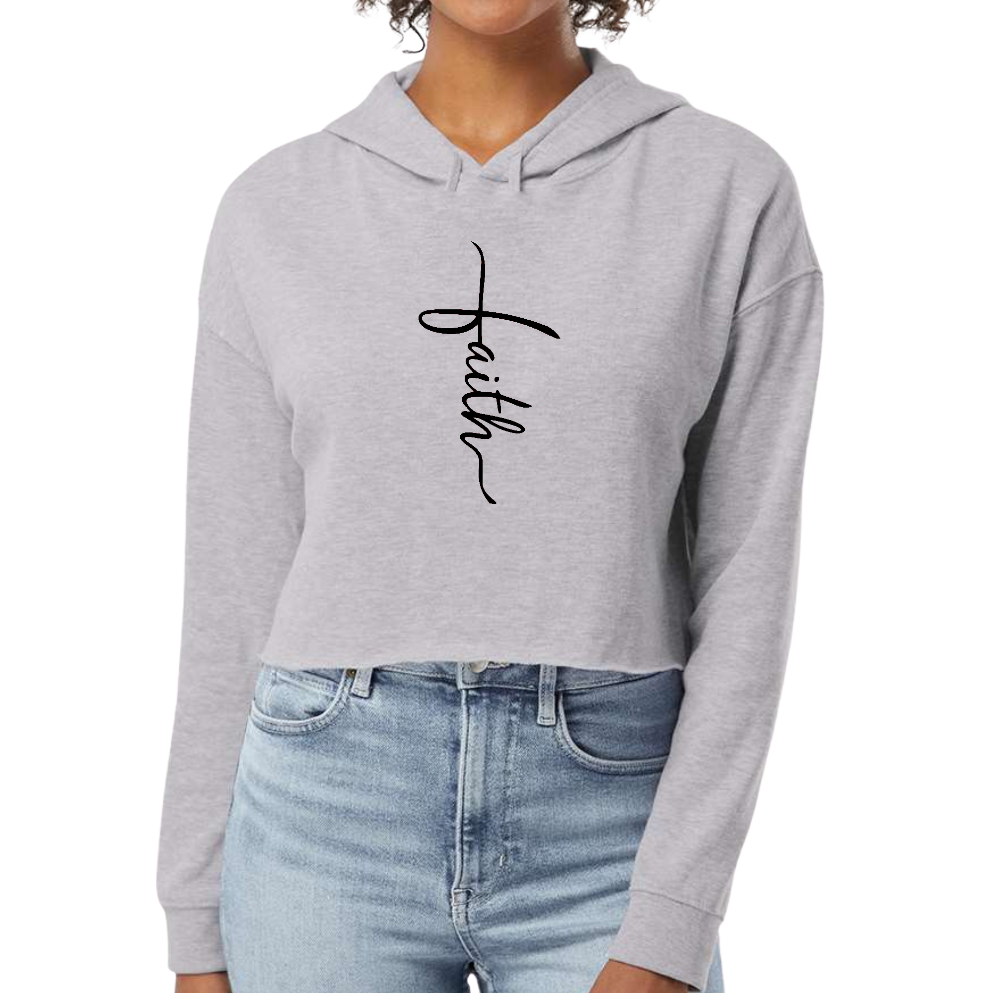 Women's cropped hoodie in black featuring Faith Script Cross illustration, showcasing a stylish and comfortable design.