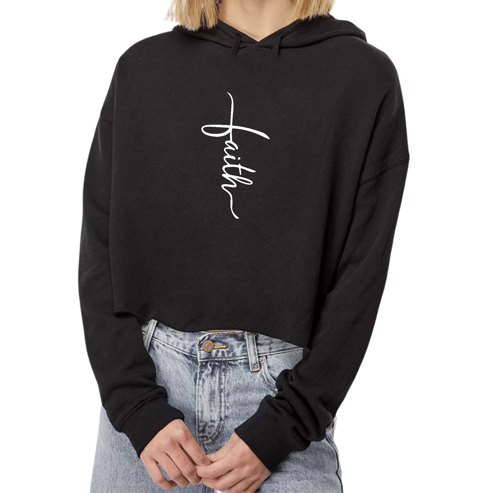 Women's cropped hoodie featuring a Faith Script Cross illustration, showcasing a stylish design with a relaxed fit and raw edge hem.