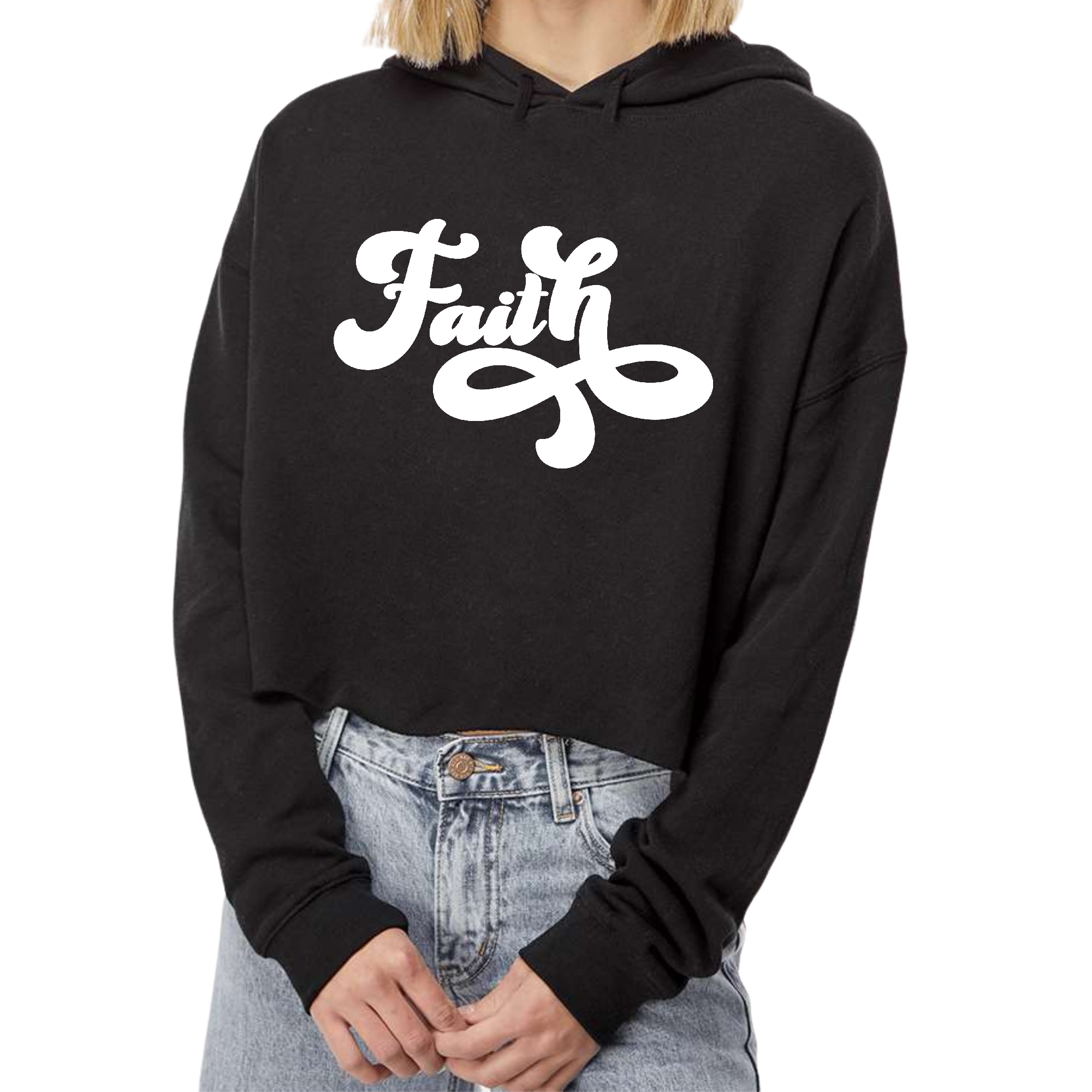 Women's cropped hoodie featuring a stylish faith script illustration, made from soft cotton/polyester blend with a relaxed fit.