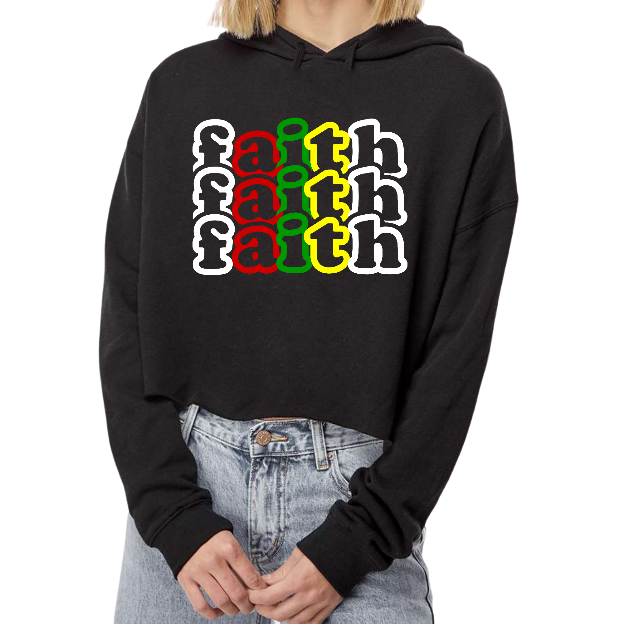 A stylish women's cropped hoodie featuring a vibrant multicolor Faith Stack illustration, showcasing a comfortable design with a raw edge hem.