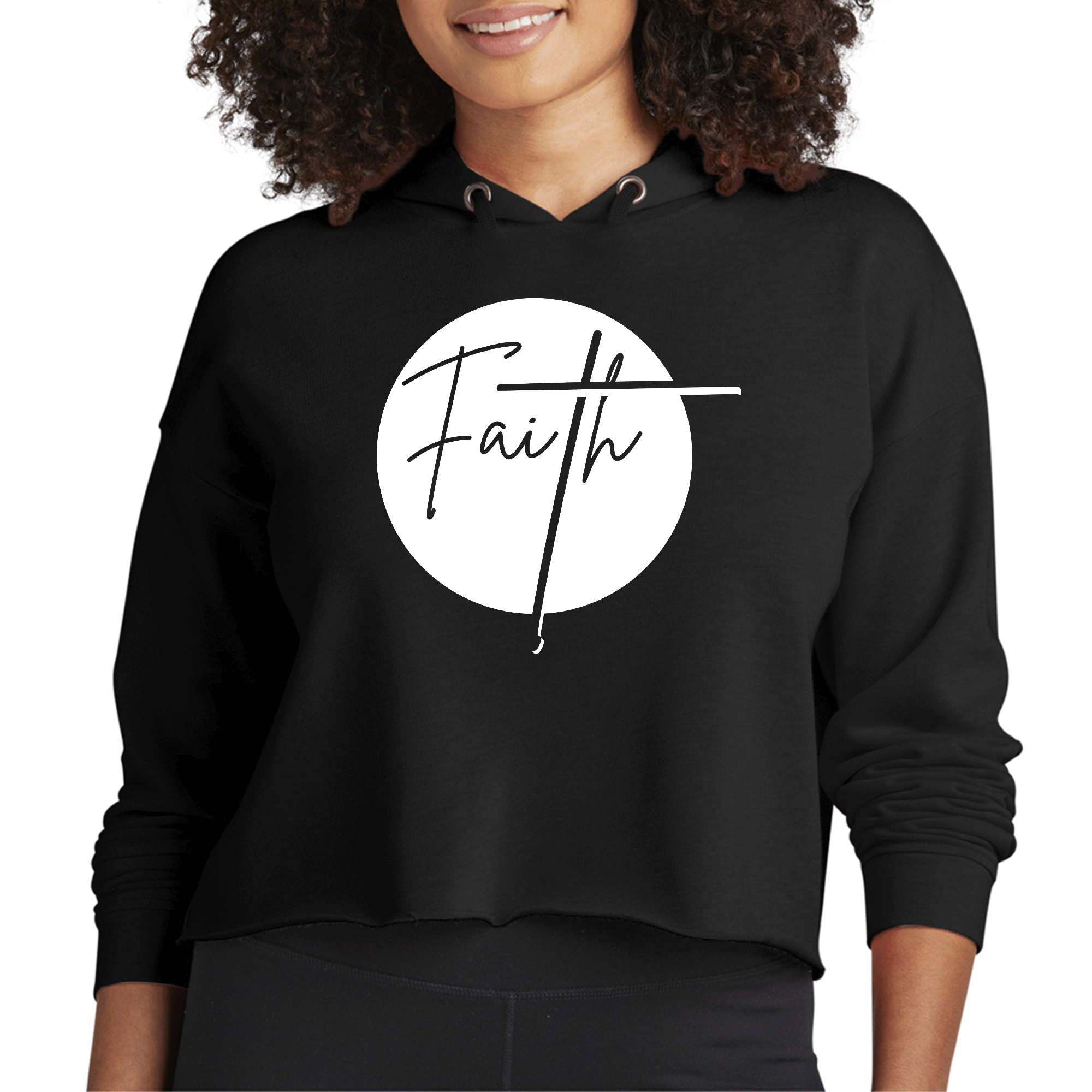 Womens Cropped Hoodie Faith featuring a stylish cropped design, drawstring hood, and unique graphic, perfect for creative individuals.