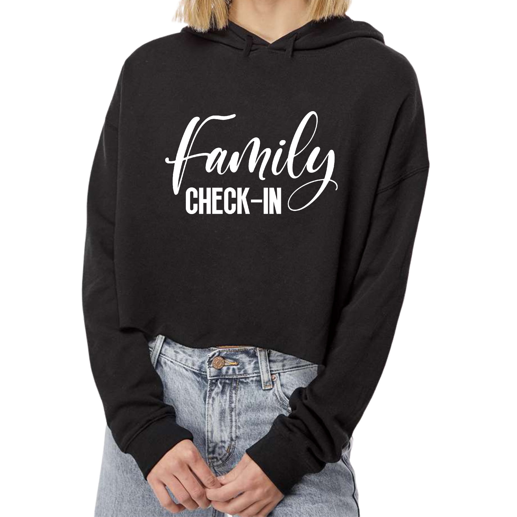 A stylish women's cropped hoodie featuring a Family Check-in illustration, made from soft cotton/polyester blend with a relaxed fit.