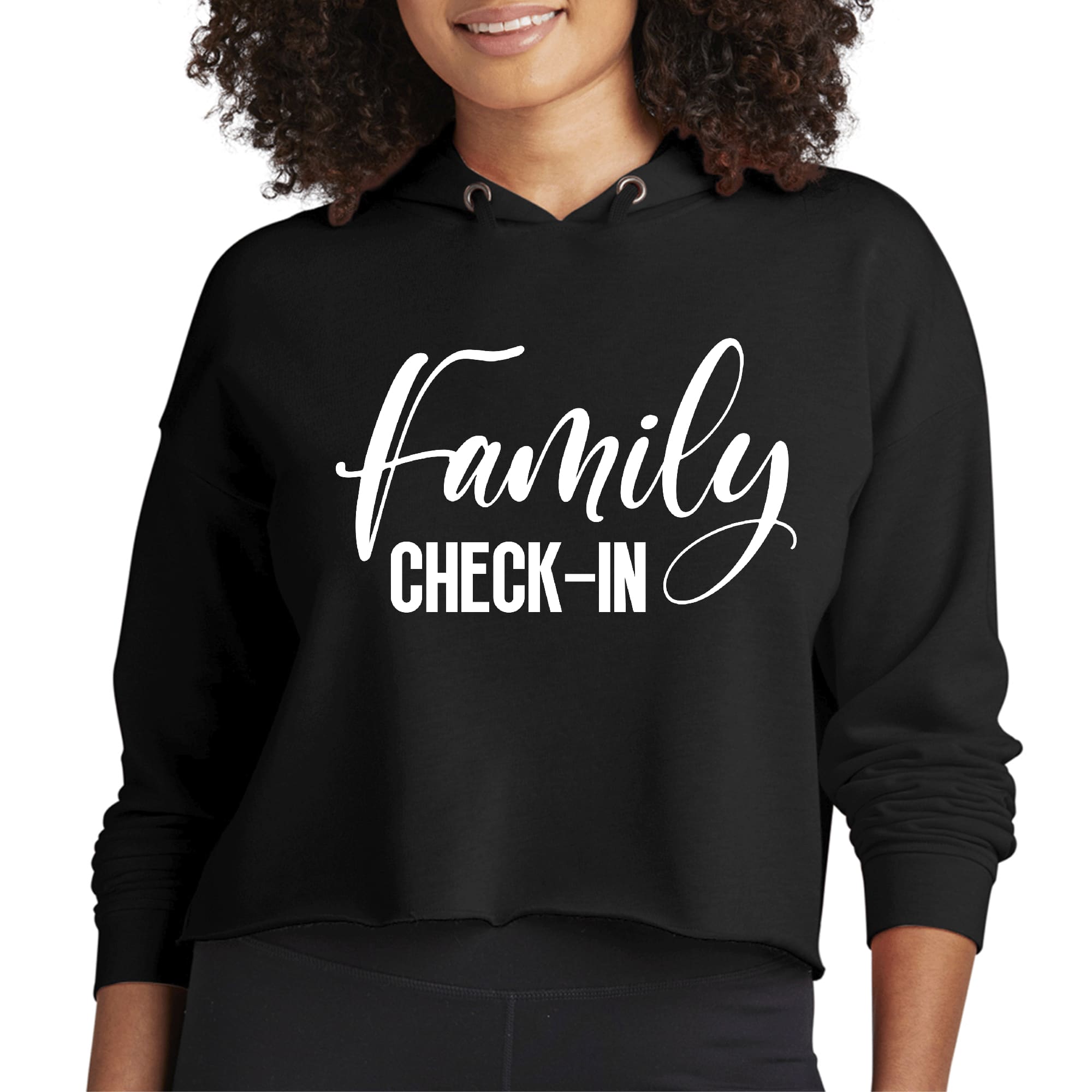 A stylish women's cropped hoodie featuring a Family Check-in illustration, made from soft cotton/polyester blend with a relaxed fit.