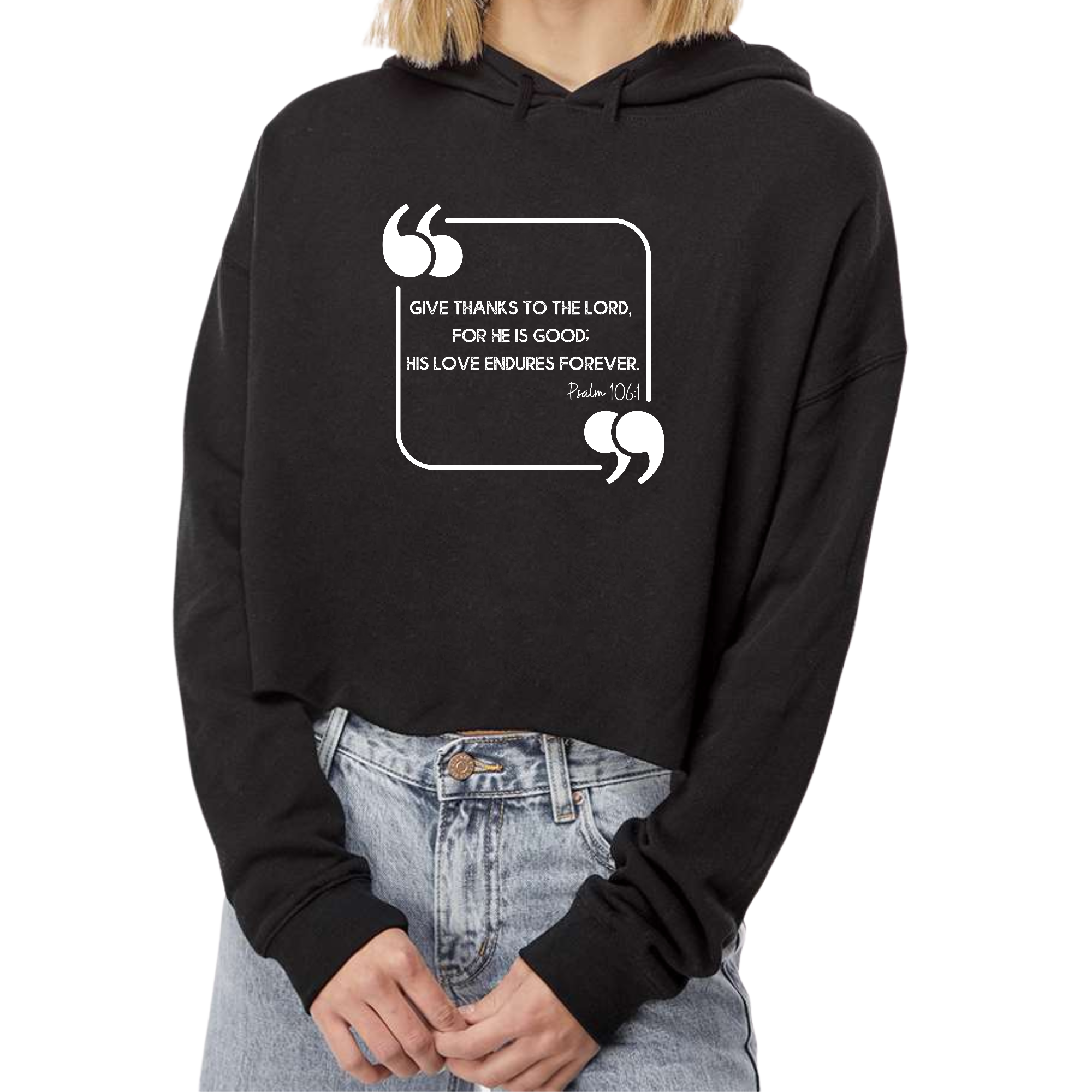 A stylish women's cropped hoodie featuring the phrase 'Give Thanks to the Lord', showcasing a relaxed fit and raw edge cut hem.