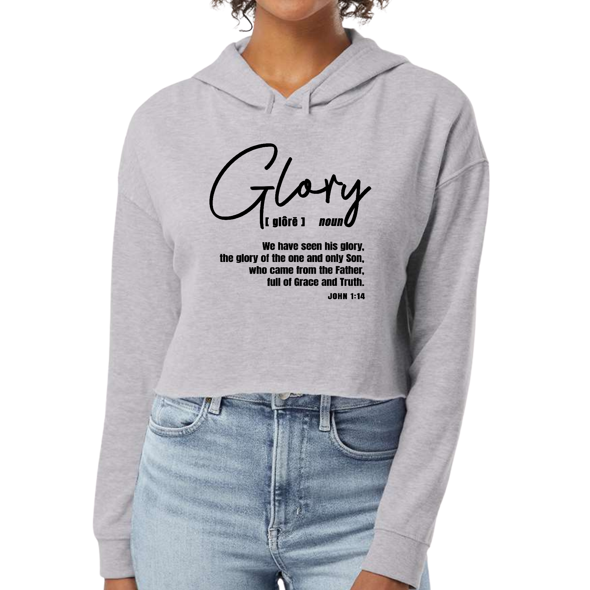 Women's Cropped Hoodie Glory in black with Christian inspiration, featuring a stylish cropped design and soft fabric.