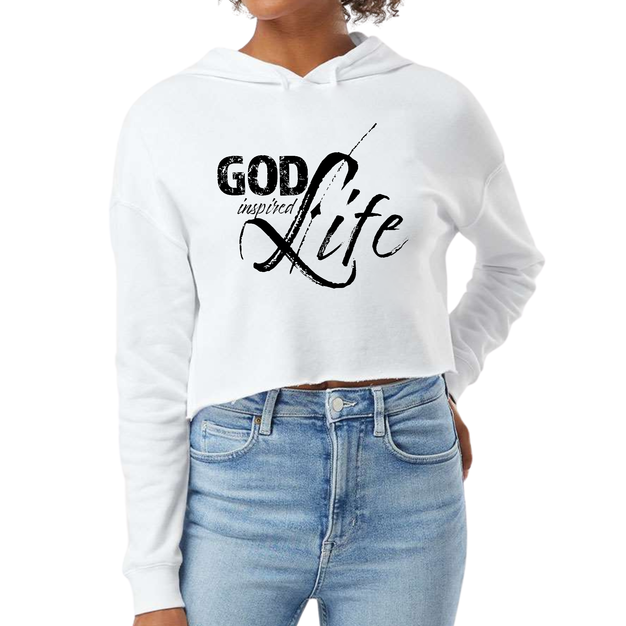 Women's cropped hoodie featuring a black illustration with the quote 'God Inspired Life', made from soft cotton/polyester blend.